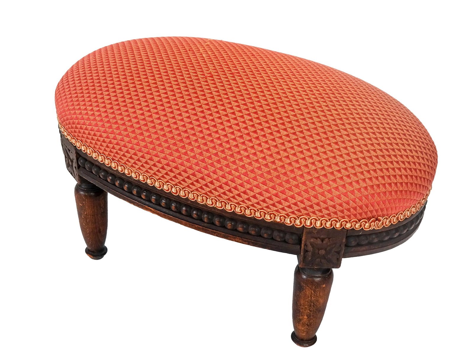 Louis XV-Style Upholstered Oval Footstool: Louis XV-style upholstered oval footstool. [7 1/2 x 15 1/4 x 9 3/4 inches]. In good condition.