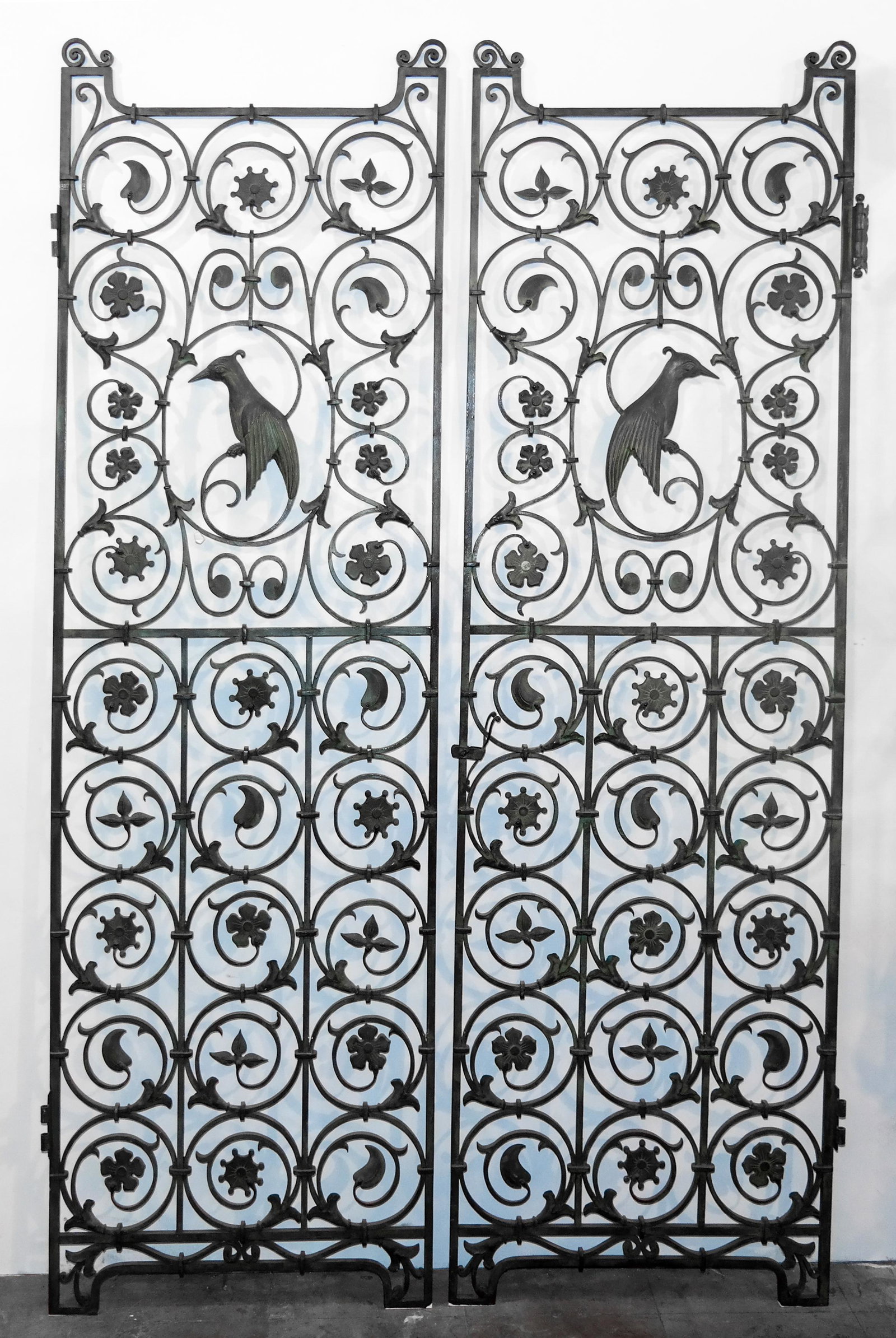 Manner of Samuel YELLIN: Pair Wrought Iron Gates: Pair of bronze gates with bird, floral, leaf, open-work design, attributed to Samuel Yellin, the 20th century's foremost artisan in iron. Yellin started his business, Samuel Yellin Metalworkers, in 19