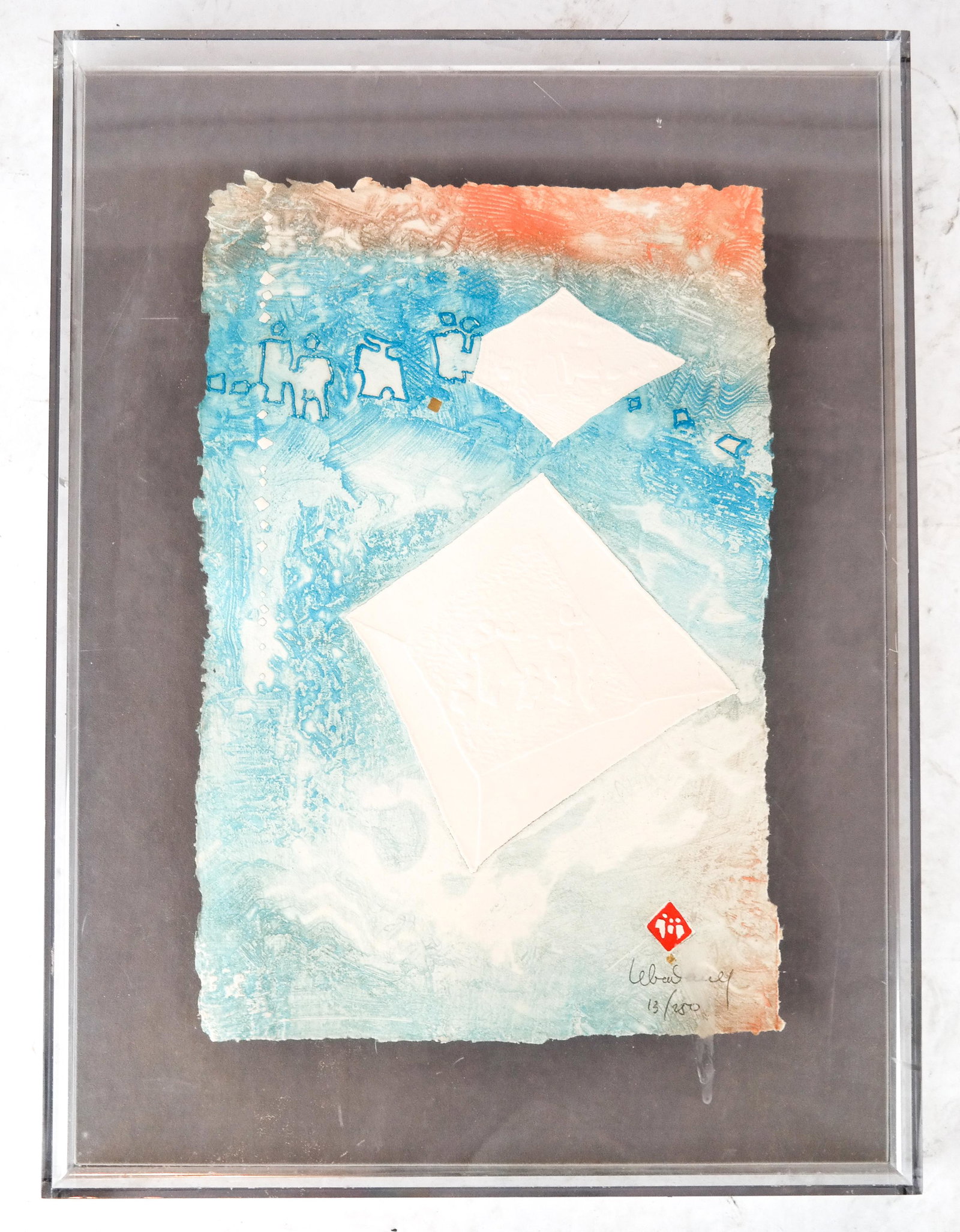 Abstract Work on Paper in Shadowbox Frame: An abstract work on hand-made paper, signed illegibly, # 13/250, mounted in a plexiglass shadowbox frame. [Art: 20 x 13 inches; Frame: 27 1/2 x 20 1/2 inches]. In good condition.