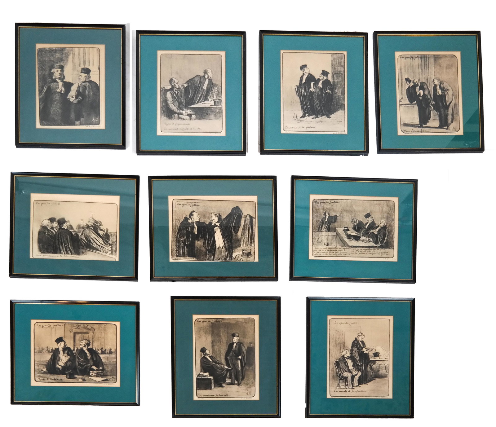 Honore DAUMIER: 10 Justice Court Scenes: Set of ten framed court/justice figural scenes, all pencil signed lower right and numbered in pencil lower left. [Frame: 17 1/4 x 14 1/2 inches]. In overall good condition.