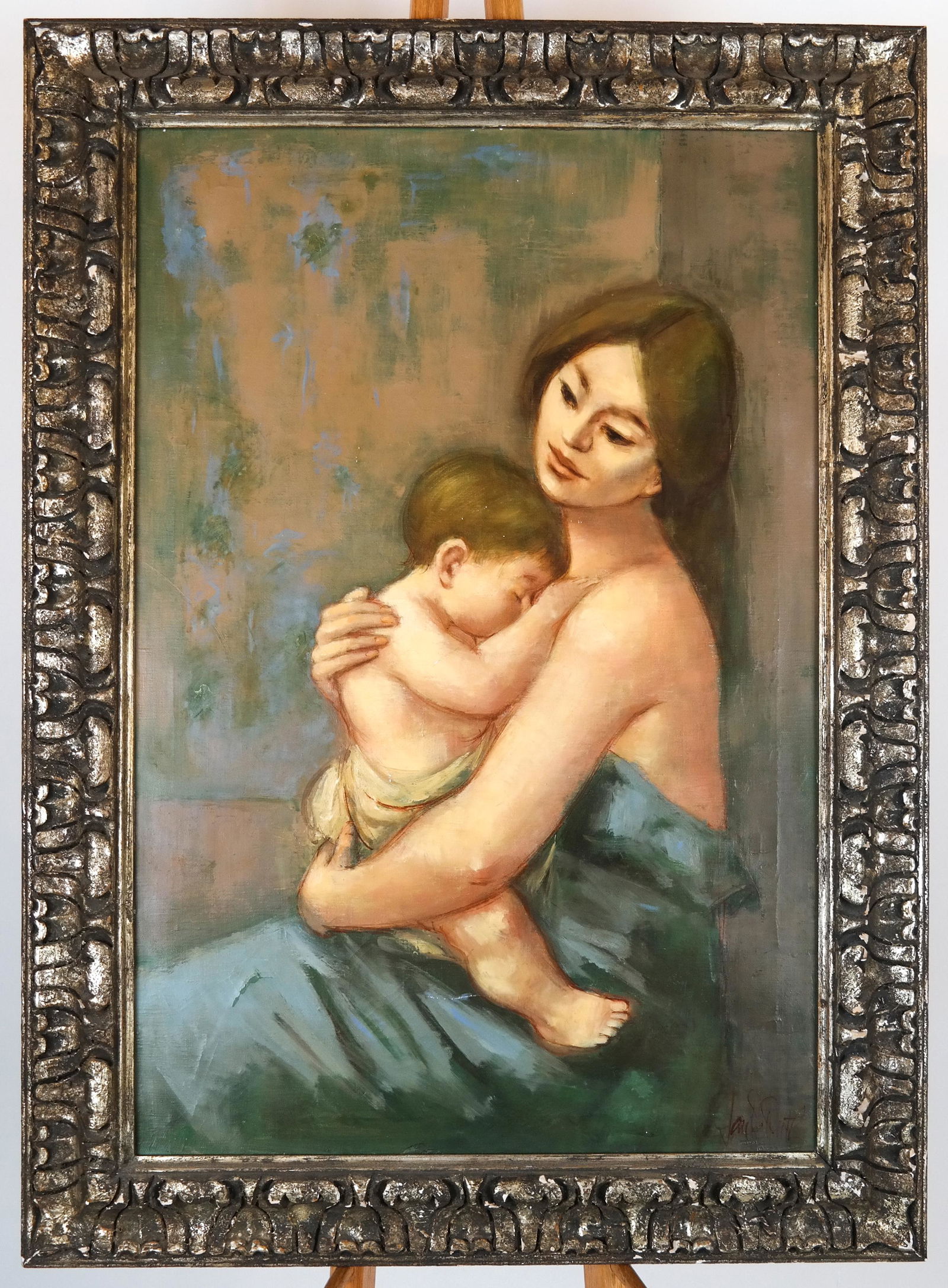 Jan de RUTH: Mother & Child - Oil on Canvas: Jan de Ruth, oil on canvas of mother and child, signed lower right. [Art: 36 x 24 inches; Frame: 44 1/2 x 30 1/2 inches]. In good condition.