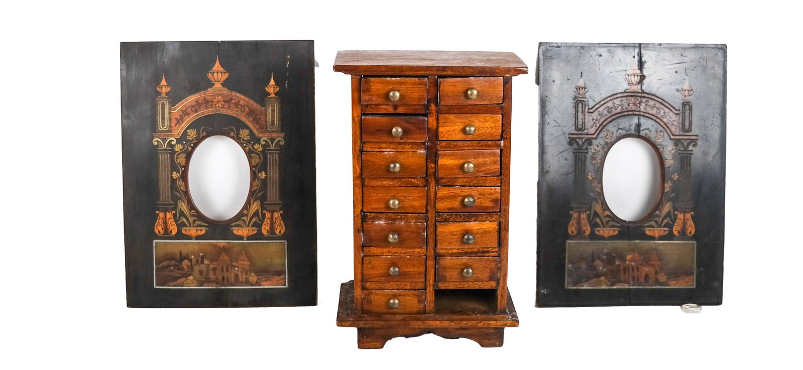 Miniature Trinket Chest and Two Panels: Two decorated inlaid panels with holes in center and a chest. [13 x 9 inches (x2); 13 x 8 x 5 inches]. Chest missing one drawer; splits on panels.