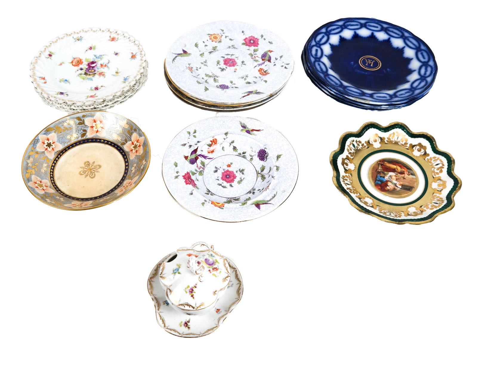 15 Assorted Dinnerware Items: A creamer, sugar bowl, Austrian scallop plate, four Carlsbad plates, four blue and white plates, and others.