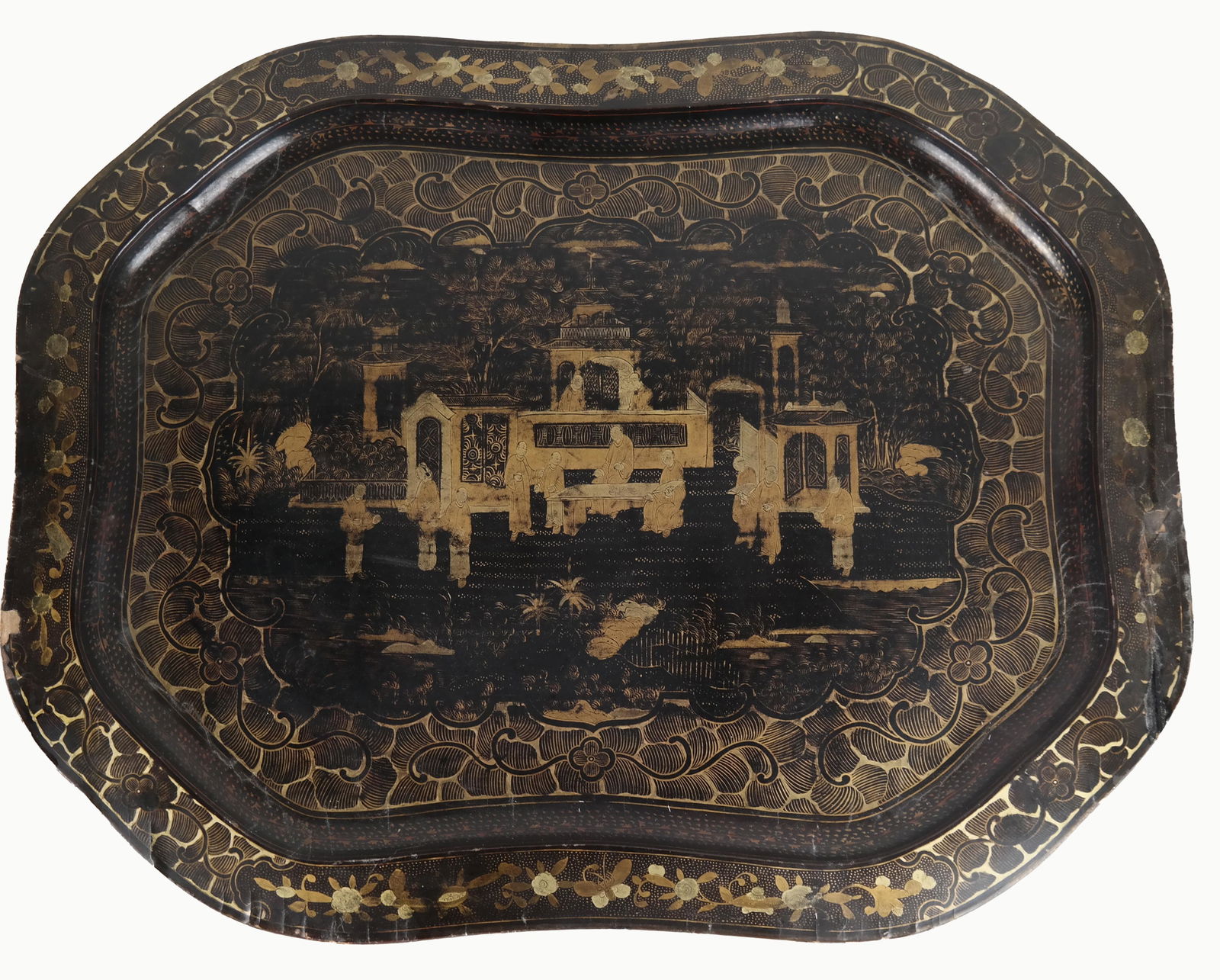 Chinoiserie Black Tray: Papier mache decorated tray. [19 1/2 x 24 inches]. Top with some losses.