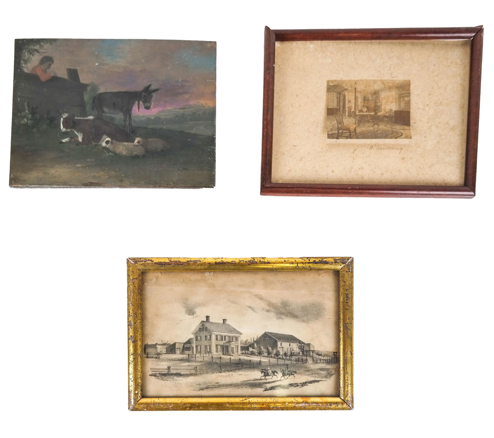 Three Art Works: 1) Wallace Nutting, 2) Farm animals, oil on panel, no frame, 3) Country scene print. [Art: 3 x 3 inches; Frame: 7 x 9 inches; Frame: 7 x 9 1/2 inches].Nutting work loose.