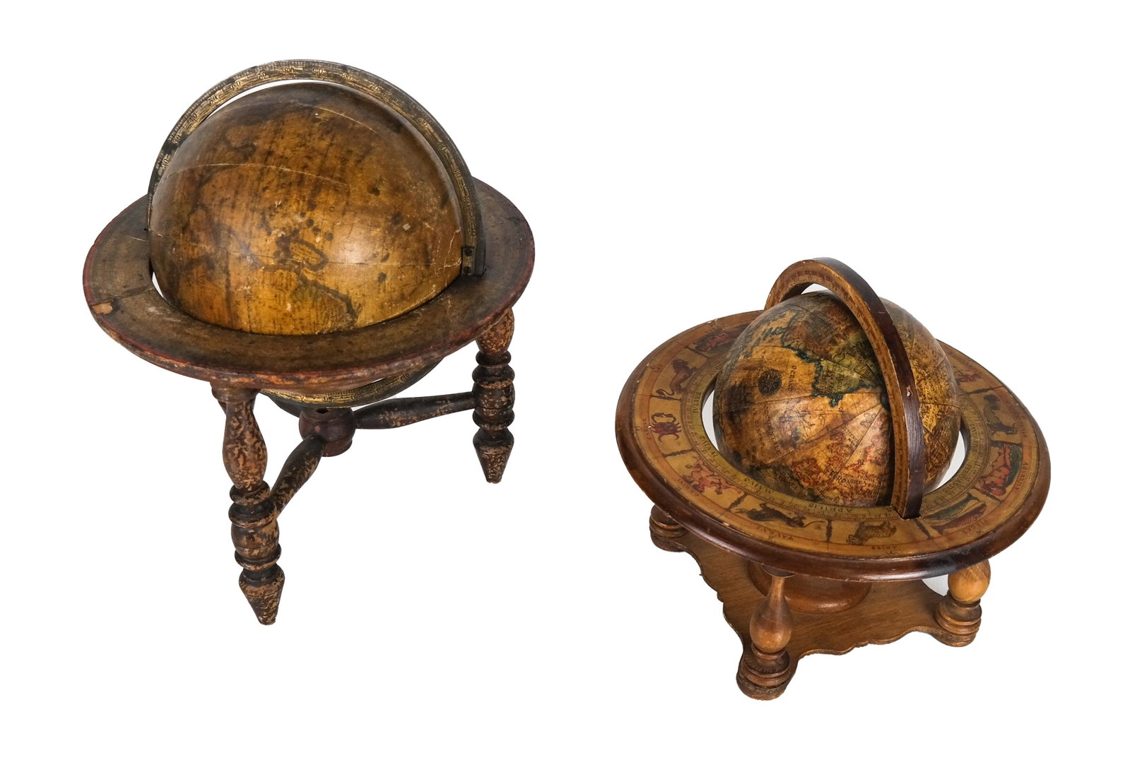 Two Table World Globes: Two table-size globes of the world. [Tallest: 9 1/4 x 8 (dia) inches]. Wear to paper on globes.