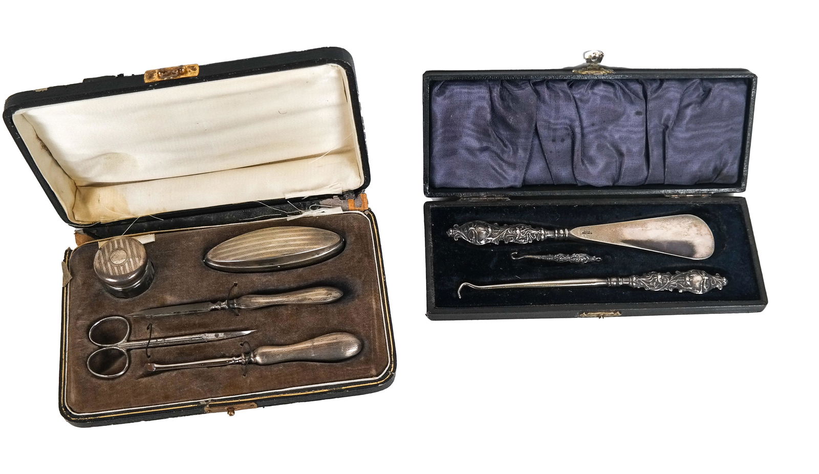 English Sterling Silver Necessaire Set, Other: 5-piece set in an "as-is" fitted case and a 3-piece silver plate shoe accessory set in a fitted case. [1 x 8 x 3 inches; 2 x 7 1/2 x 5 inches]. In overall good condition.