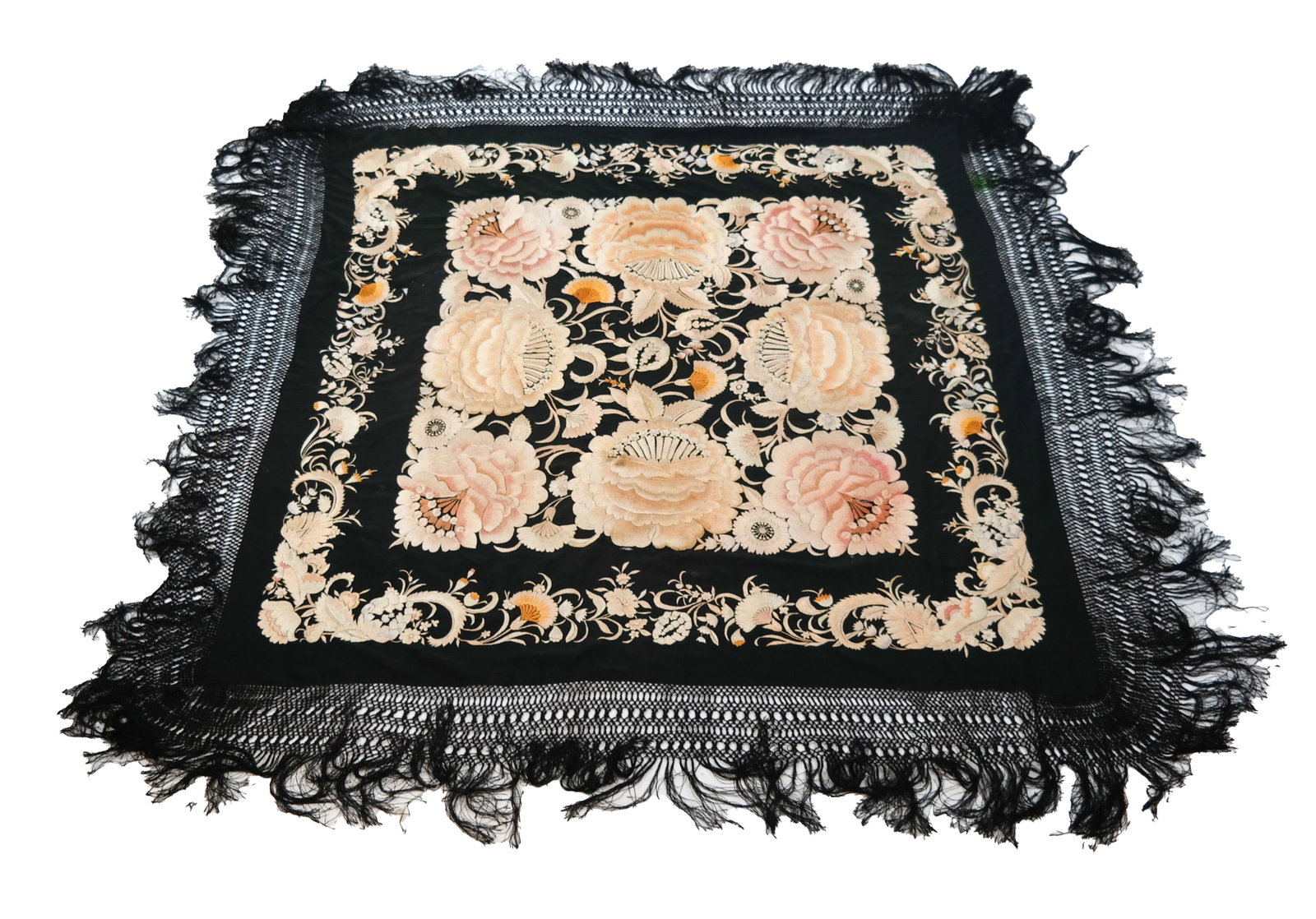 Silk & Embroidered Piano Shawl: Black silk and embroidered piano shawl. [56 x 56 inches (without fringe)]. In good condition.