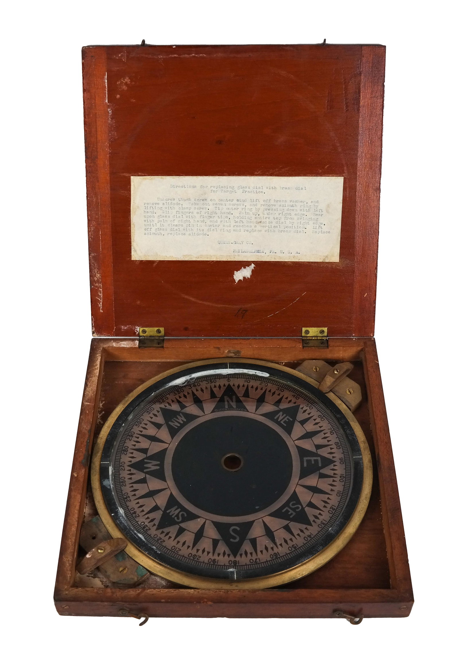 Glass Compass Face in Fitted Box: American compass face, by Queen Gray Co, Philadelphia. [1 1/2 x 11 1/2 x 11 1/2 inches; Face: 10 (dia) inches].