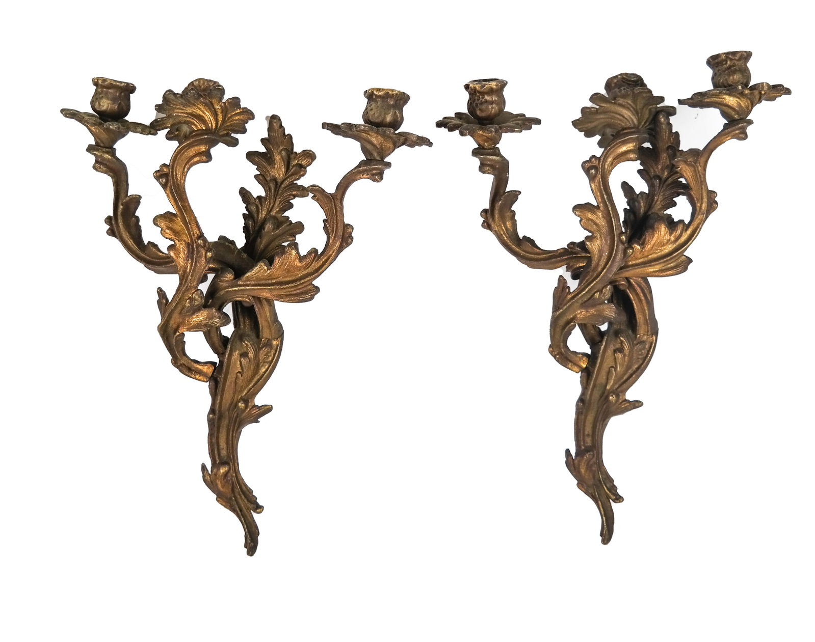 Pair Rococo-Style Bronze Sconces: Pair of Rococo style bronze sconces. [16 x 12 x 5 inches]. All very loose.