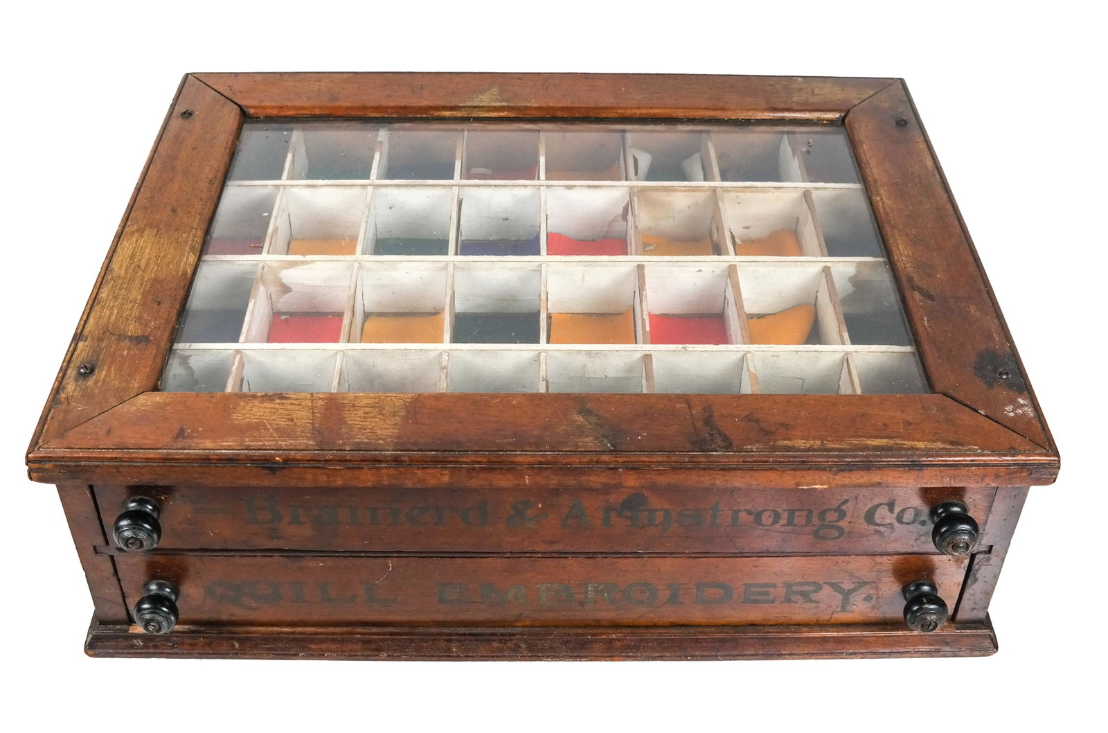 Brainerd & Armstrong Sewing Box: Brainerd & Armstong two-drawer sewing box, including thread, spool.