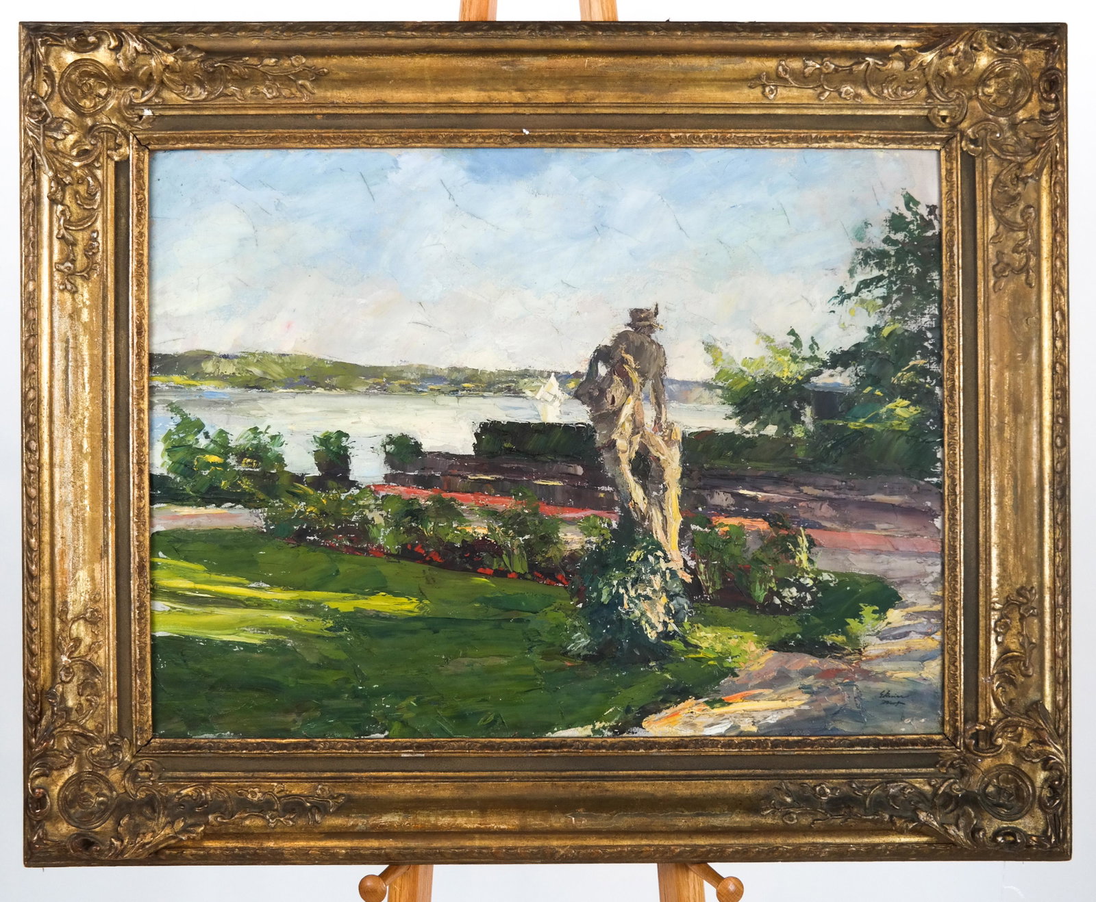 Impressionist Landscape of Statue in Park - O/C: Impressionist-style oil on canvas landscape of a statue in a waterside park, signed illegibly lower right. [Art: 23 1/2 x 32 inches; Frame: 33 x 41 inches]. In good condition.