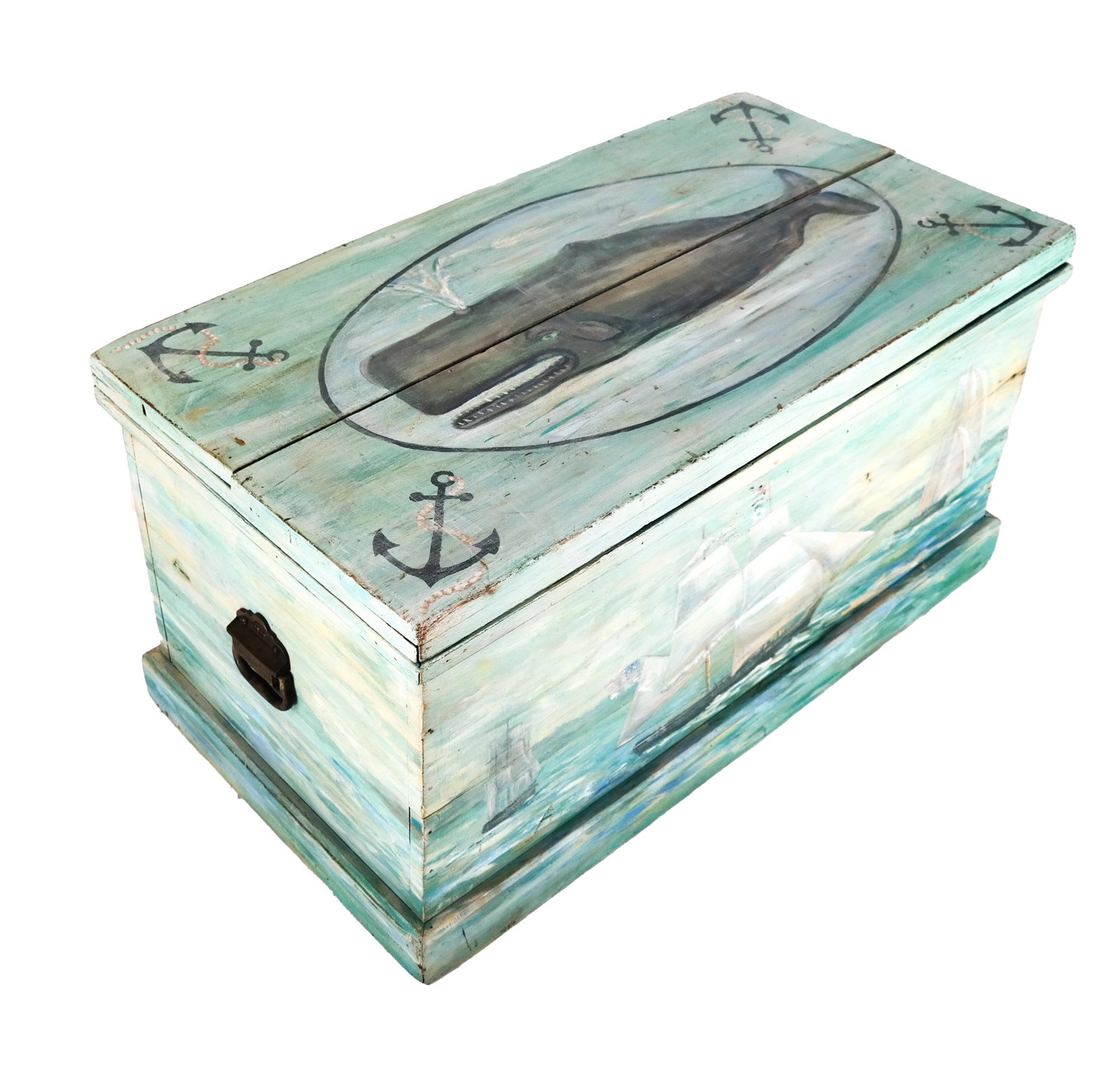 American Nautical Painted Trunk: Folk Art-style trunk, painted with whale and ships, anchors and scenes; top in two-plank sections. Provenance: From the Southampton Fresh Air Home. [19 x 37 1/2 x 19 inches].