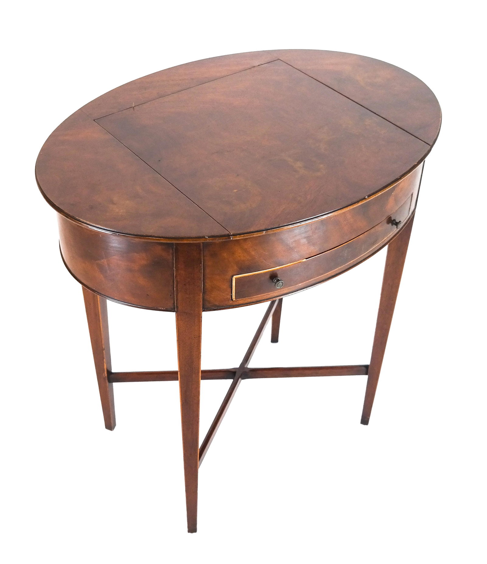 Hepplewhite-Style Oval Vanity: Oval mahogany lift (hinged) top vanity, on X-base. Provenance: From the Southampton Fresh Air Home. [28 1/2 x 27 x 19 inches]. Wear.