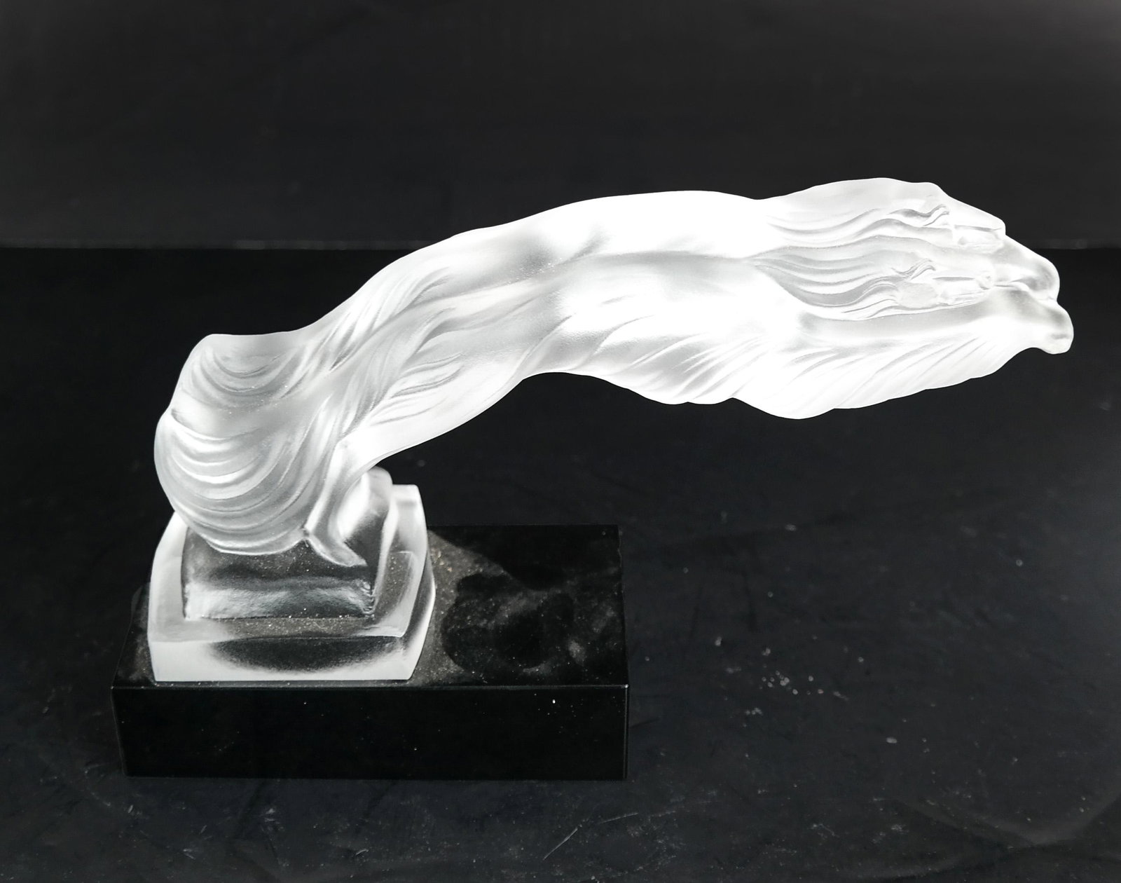 Desna Crystal Greyhounds: Frosted crystal and black glass sculpture, made in Bohemia, Czech Republic. [5 x 8 x 2 1/2 inches].
