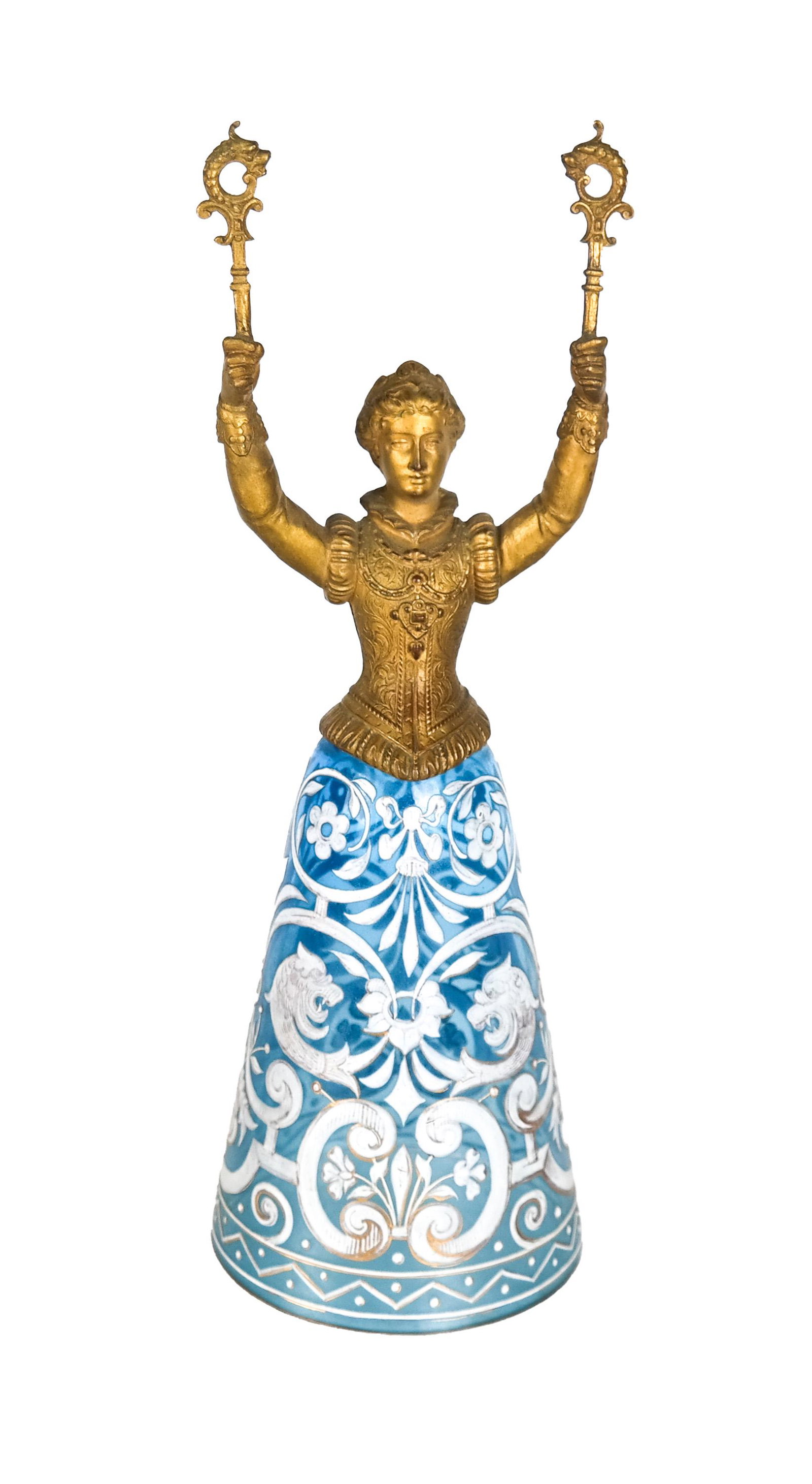 Antique Bronze and Glass Wedding Chalice: Antique wedding chalice, with bronze figural top over a blue and white opaline glass body. [11 x 3 3/4 (dia) inches]. In good condition.