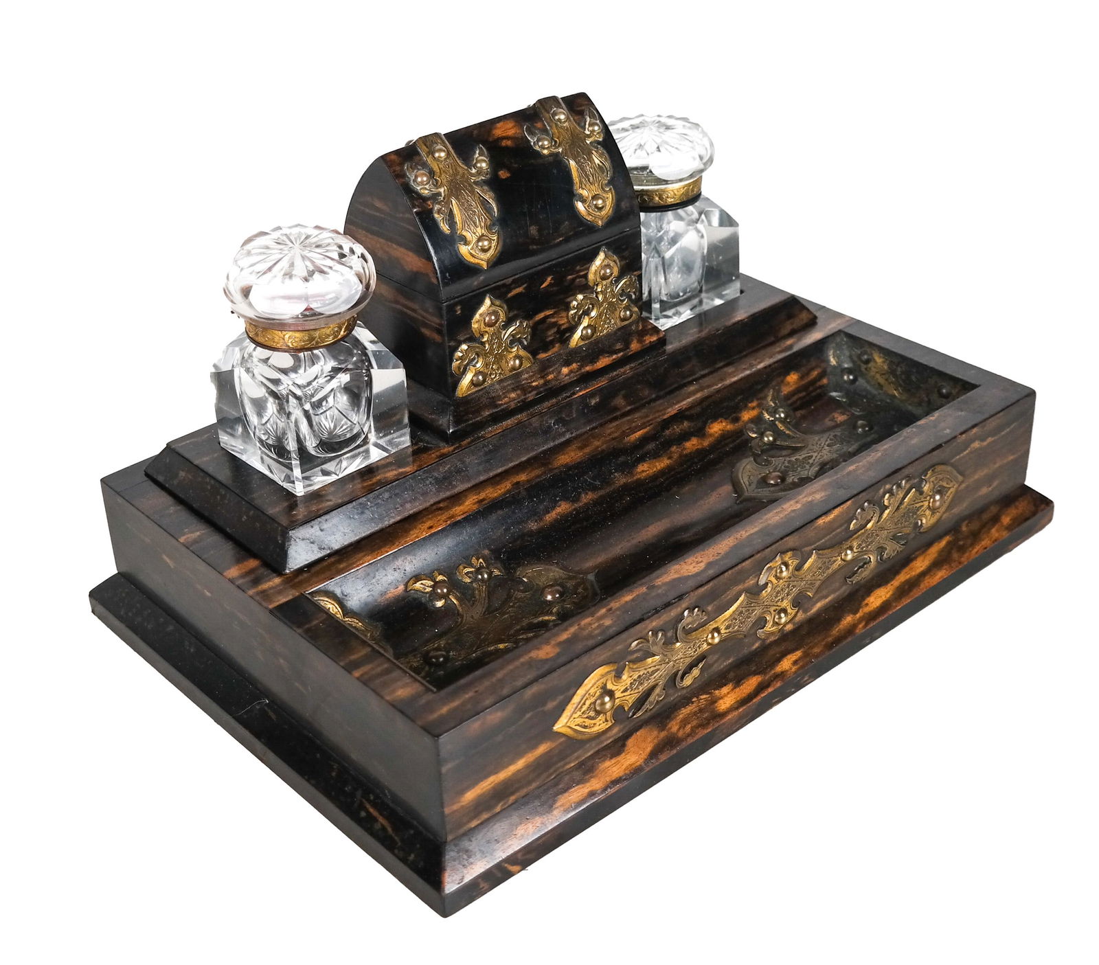 19th C. Calamander Wood Inkwell Set (1 of 9)