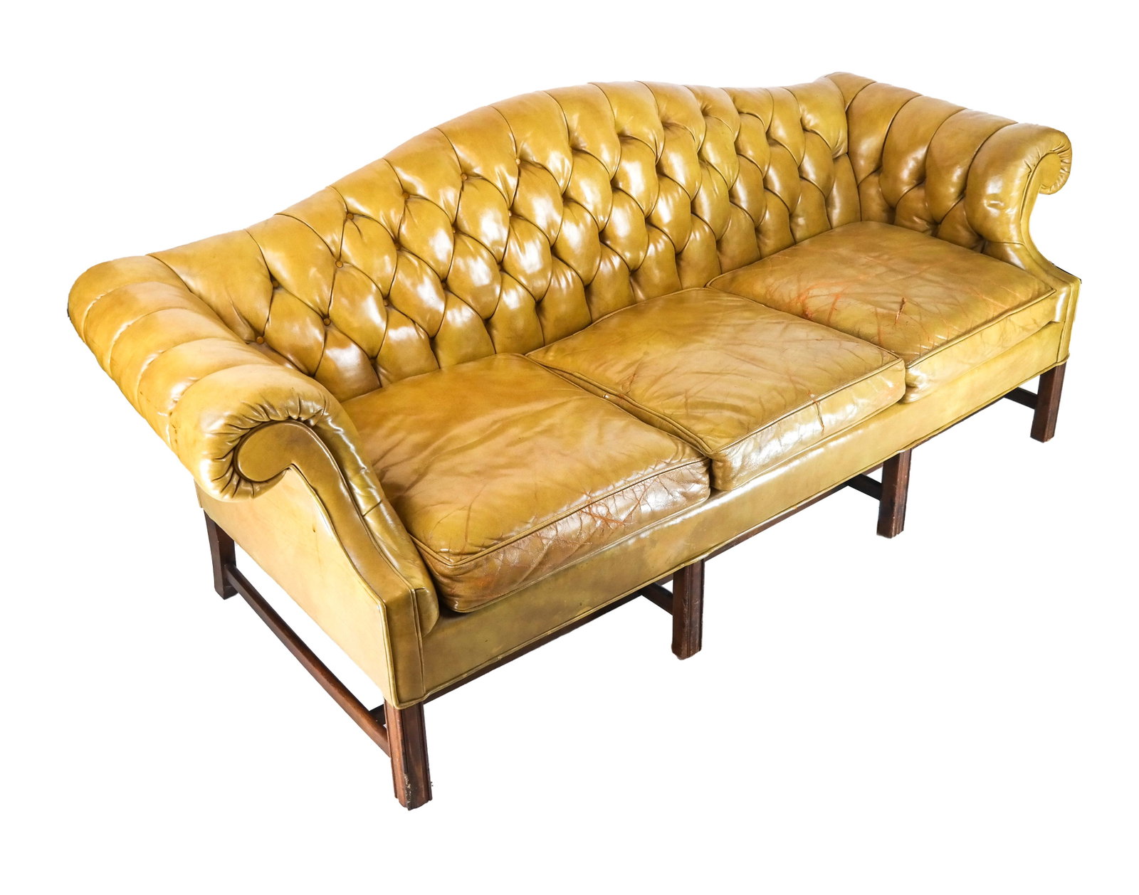 Camelback Chesterfield-Style Sofa: Olive green distressed tufted leather sofa. [33 (approx) x 84 x 34 inches; 20 inches to seat]. In "as-is" condition; one torn pillow.