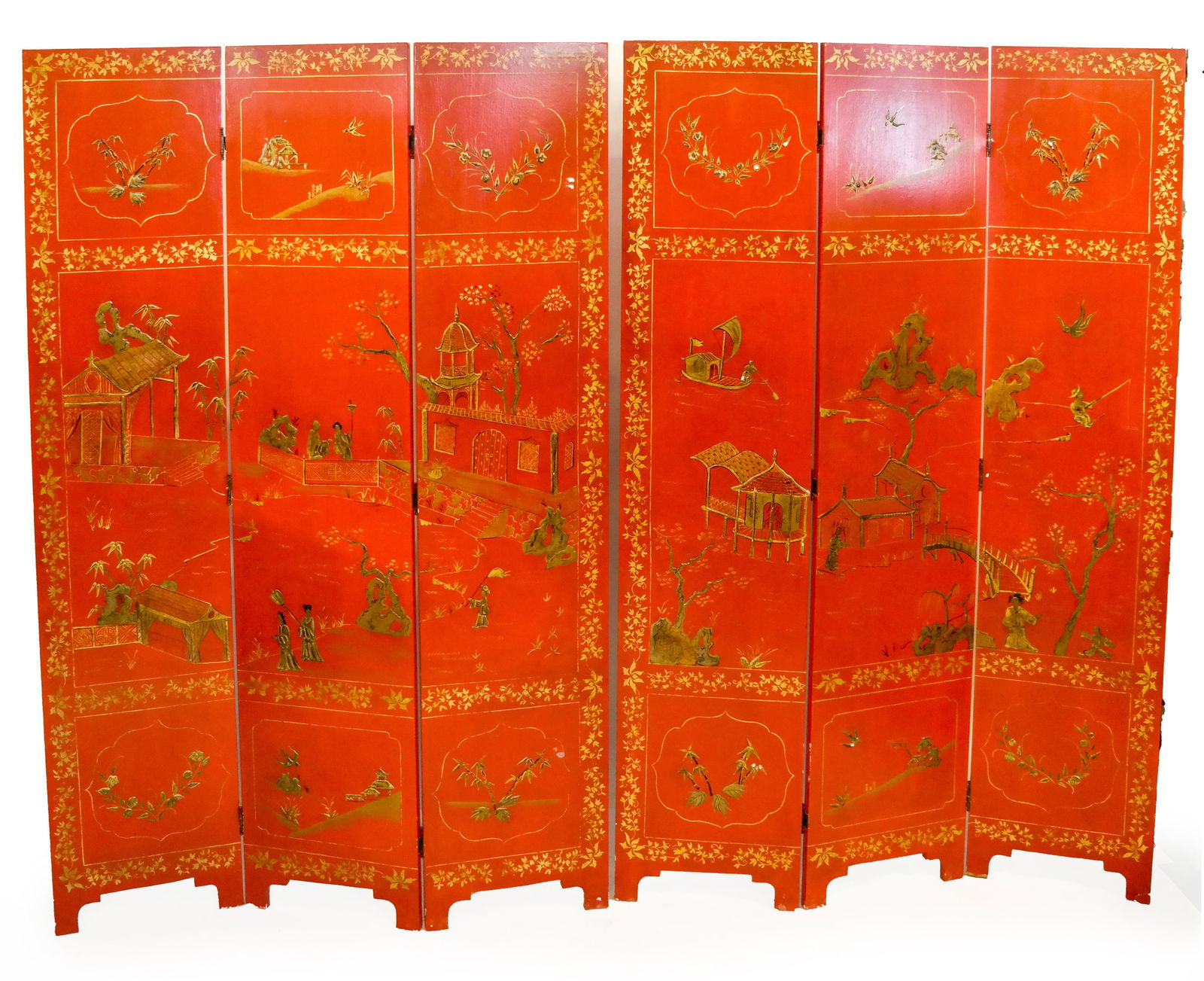 Pair Chinese-Style Painted 3-Fold Screens (1 of 14)