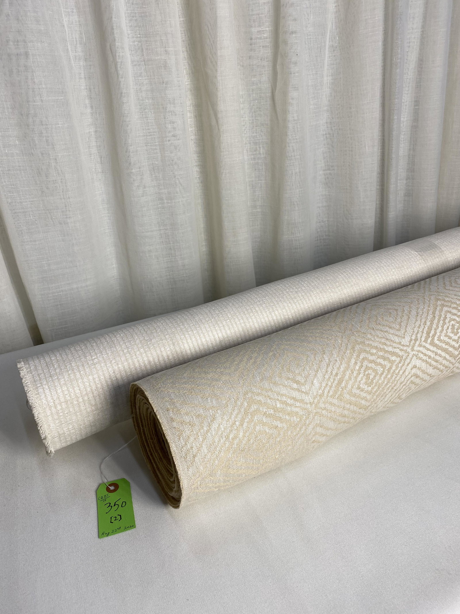 FRET Linen and Cowtan & Tout Chenille Fabrics: 1) 24 yards of FRET Fabrics "Labyrinth" linen geometric damask, color "Creme", #65-1. The 54-inch wide all purpose textile has repeats of 5 inches vertical by 6 3/4 inches horizontal. Great for Roman 