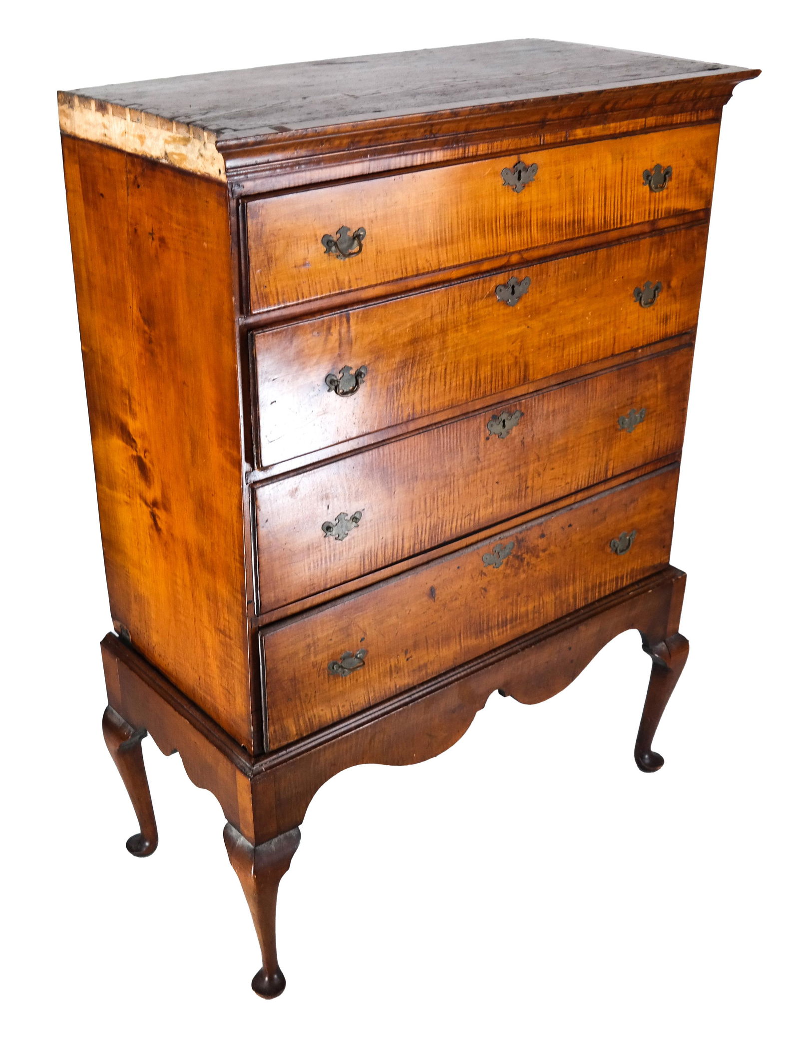 19th C. American Tiger Maple Chest on Stand: 19th century American tiger maple chest on stand, in two sections. Base later to the top. [54 x 40 x 19 1/2 inches; Base: 18 1/2 x 40 x 19 inches; Case: 36 x 39 1/2 x 10 1/2 inches].