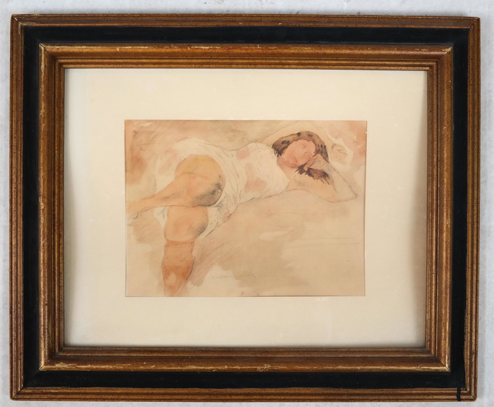 Reclining Woman - Unsigned Watercolor: Unsigned watercolor of a reclining woman. [Art: 11 x 8 inches; Frame: 22 1/2 x 18 1/2 inches].