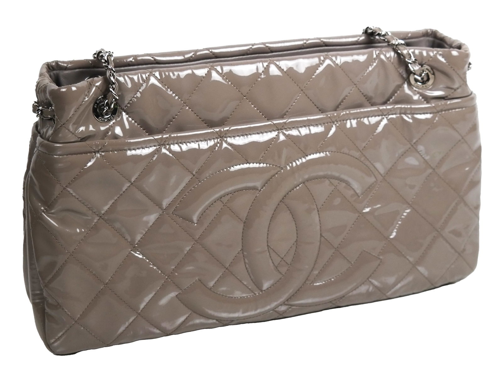 taupe patent leather handbag