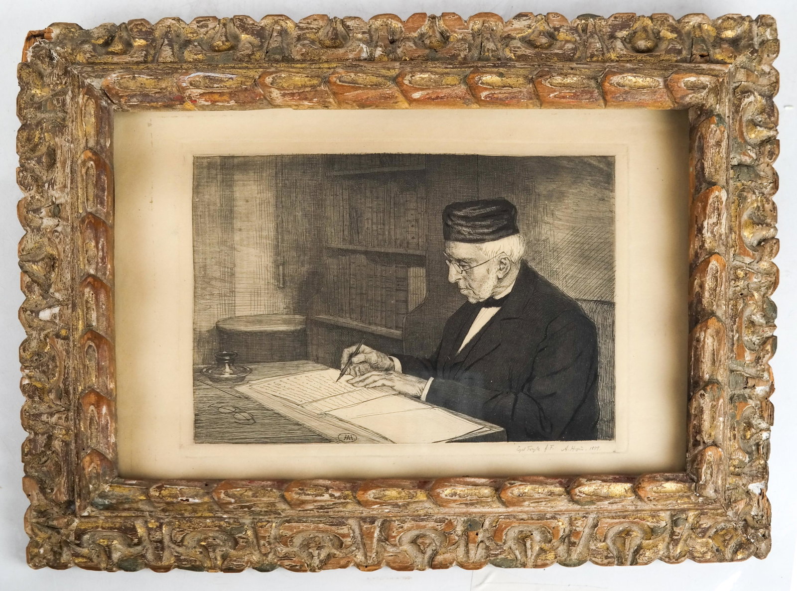 Hans Axel HOU - Etching of a Scholar: Hans Axel Hou (Danish, 1860-1948) etching of a scholar in a library. Provenance: From the Estate of Larry Casper, past president of the Appraisers Association of America. [Image: 6 x 8 inches; Frame: 