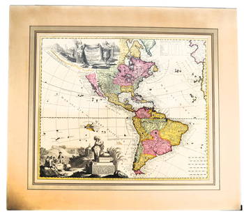 Antique Map of Americas: A.F. ZURNER and P. SCHENK: Antique Map of the Americas by ADAM FRIEDRICH ZURNER and PIETER SCHENK, published in Amsterdam in 1719. Copy of Schenk's finely engraved map of North and South America, with California as an island wi