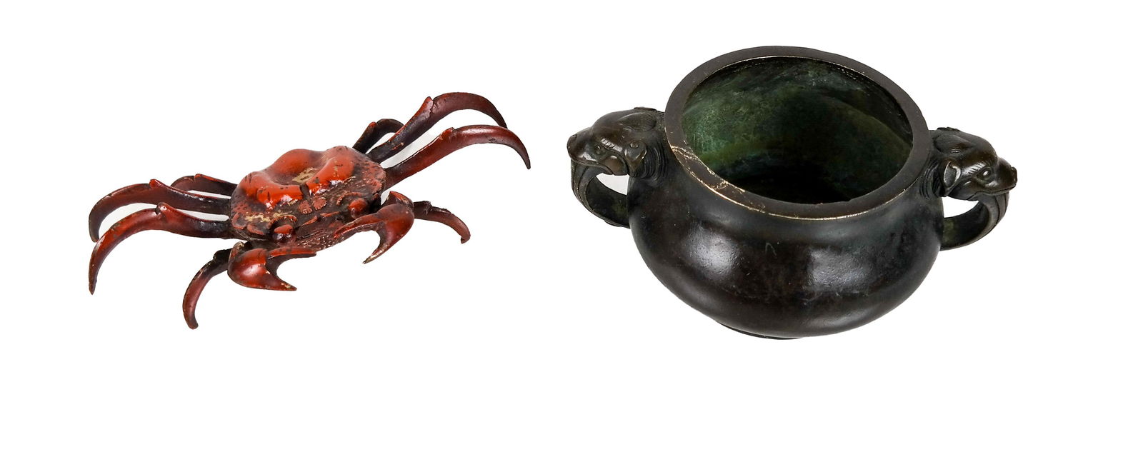 Two Asian Bronzes: 2-Handled Bowl and a Crab (1 of 8)