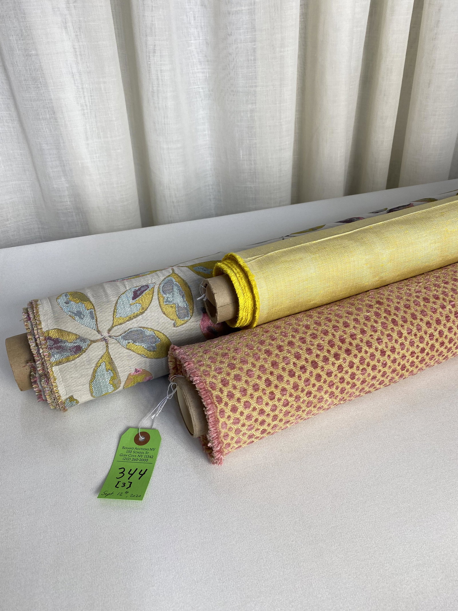 Brunschwig & Fils Moire and Companion Jacquard: 1) 14 3/4 yards of a micro denier leafy poly jacquard, 54 inches wide. Seamable width of 52 1/2 inches. Design repeats of 30 inches vertical by 26 1/4 inches horizontal. In two lengths: 8 1/2 yards pl