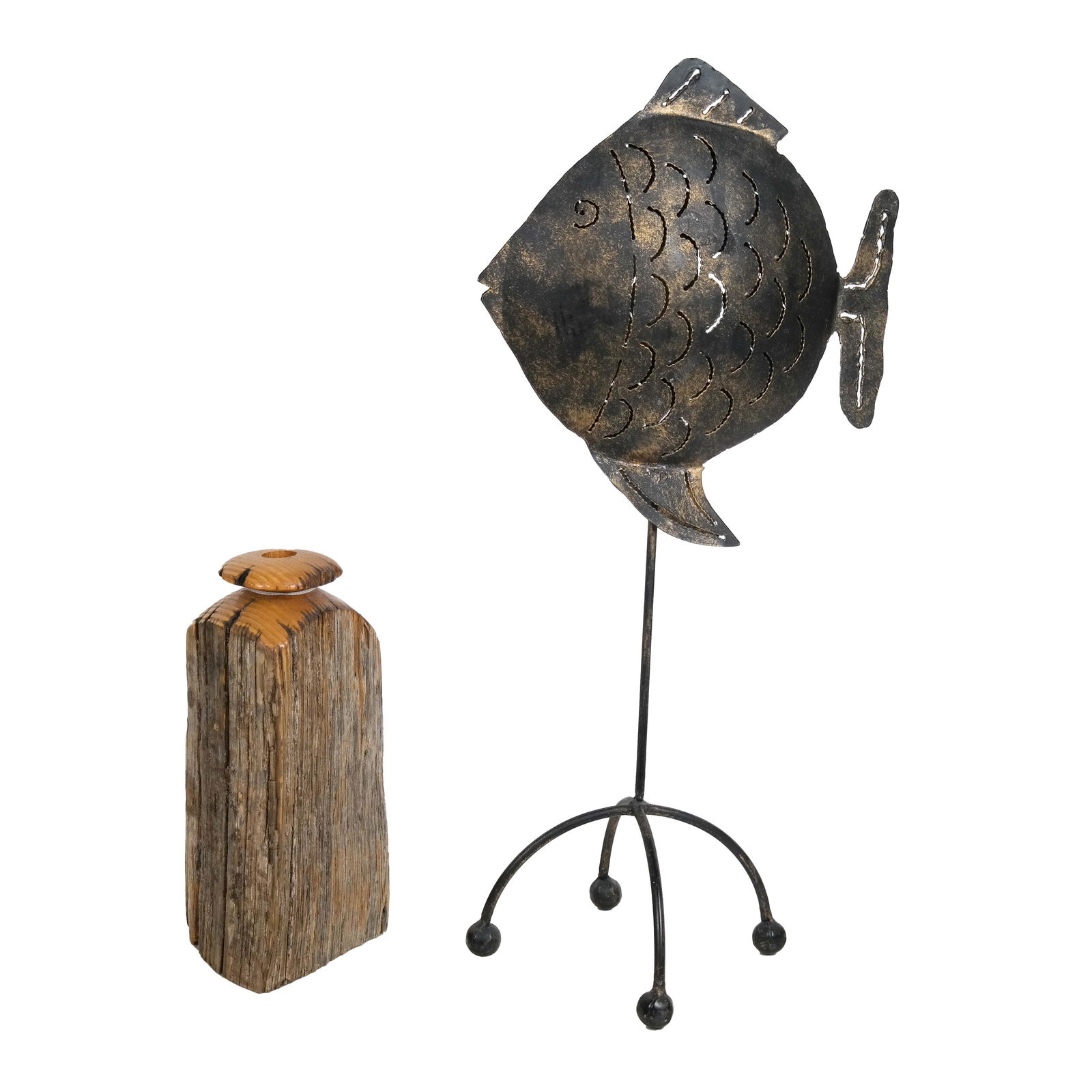 Folk Art Wood Vase & Punched Copper Votive Holder (1 of 8)