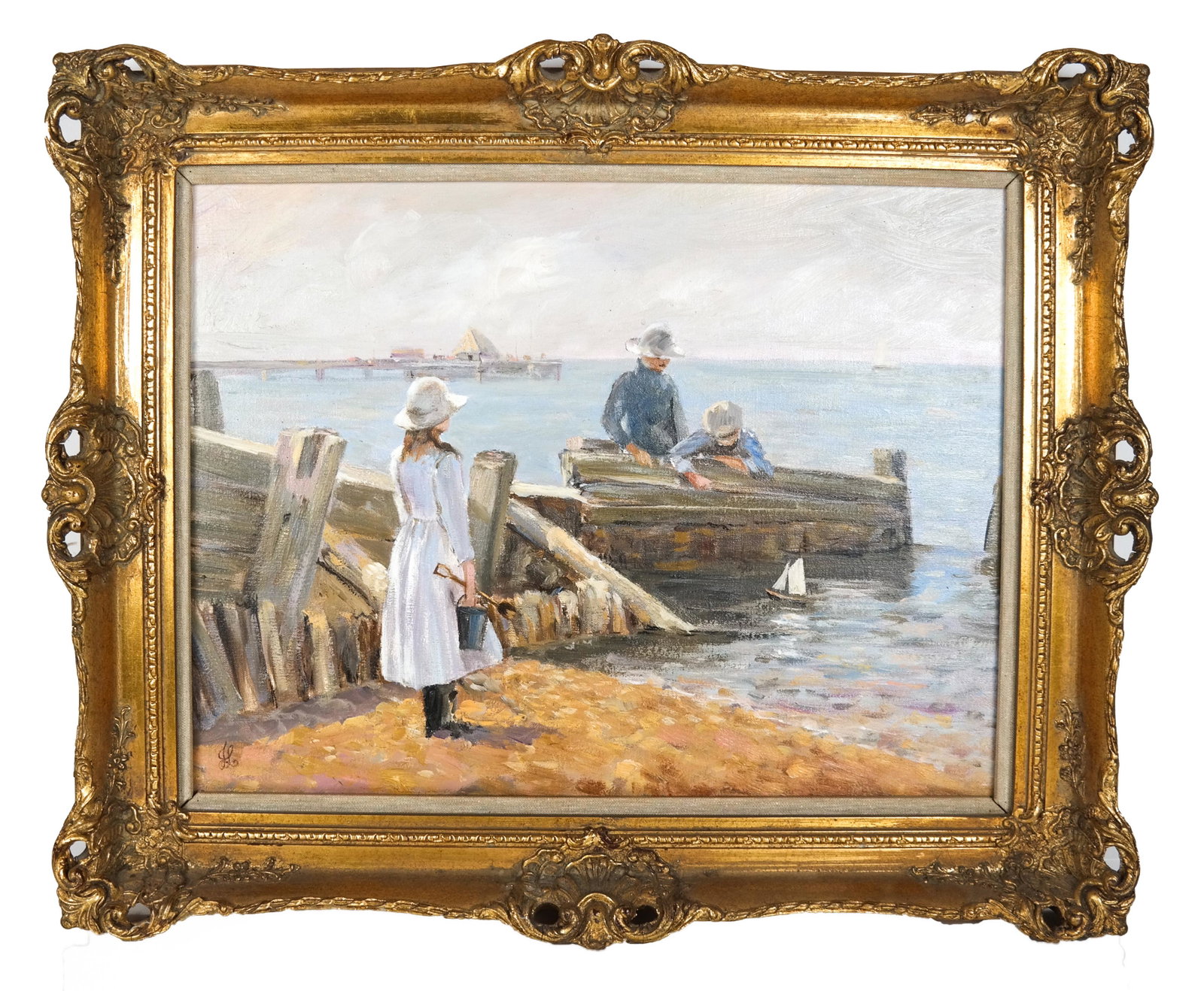 "J.L.": Children by the Sea - Impressionist O/C: Impressionist oil on canvas of children playing by the sea, bearing the monogram "J.L." lower left. [Art: 14 x 18 inches; Frame: 17 1/2 x 21 1/2 inches]. In good condition.