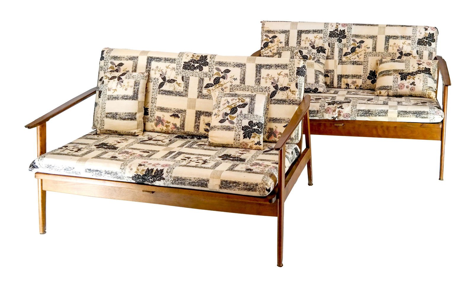 Pair of 20th C. Modern-Style Settees: Pair of 20th century modern-style settees, with loose pillows. [27 x 46 x 28 inches; 14 1/2 inches to seat].