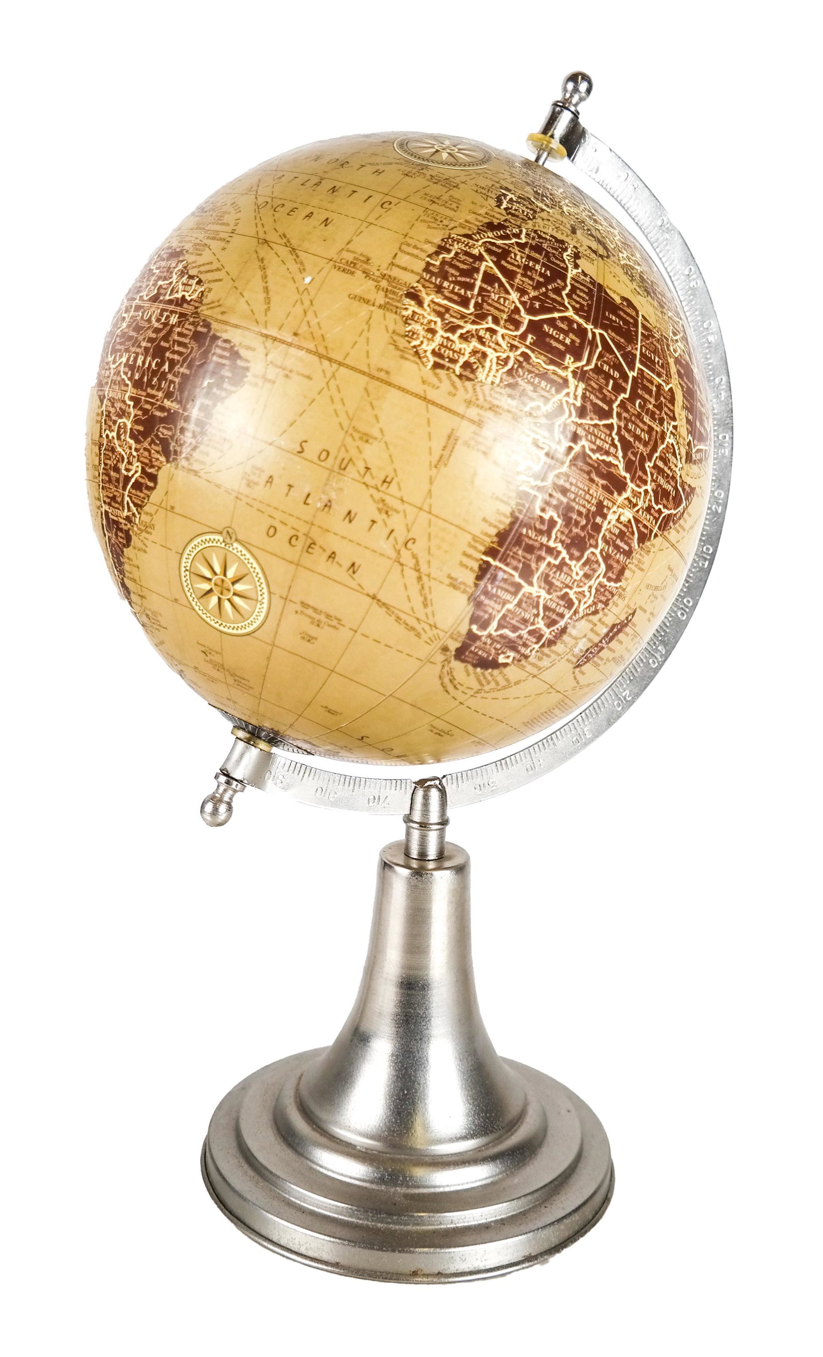 World Globe on Stand: World globe ona stand, late 20th C. [15 x 8 x 7 inches]. Small dent in base.