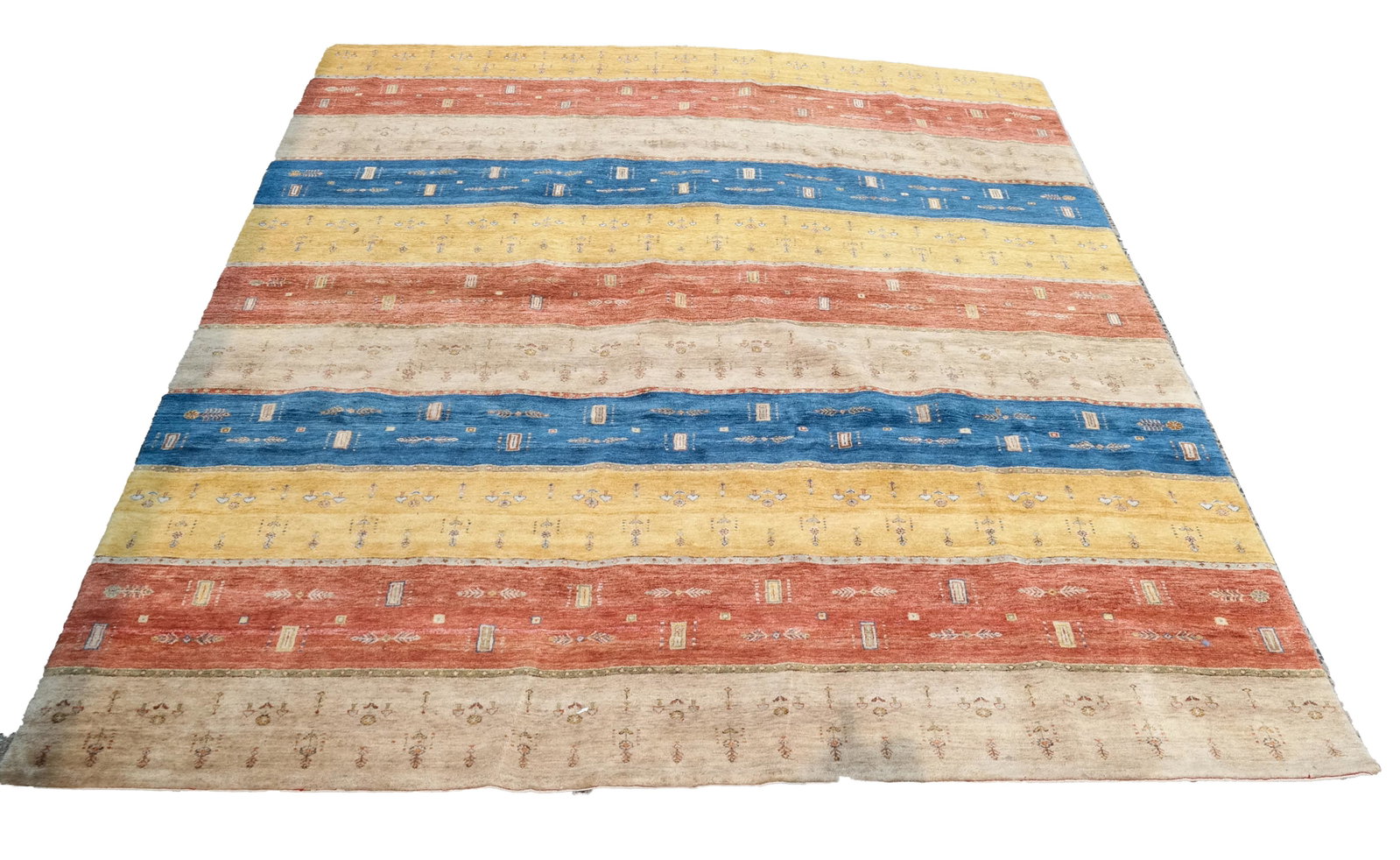 Southwest-Style Wool Pile Rug: Modern area rug, designed with vertical panels in Southwest colors. [133 x 97 inches]. In good condition.