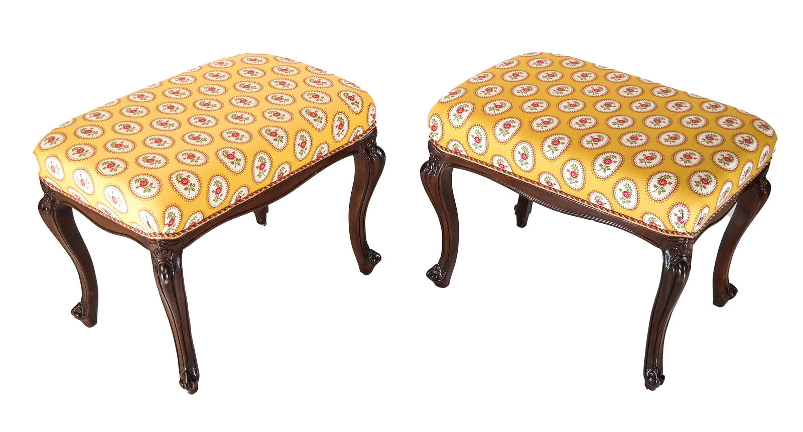 Pair Upholstered Carved Mahogany Foot Stools (1 of 4)