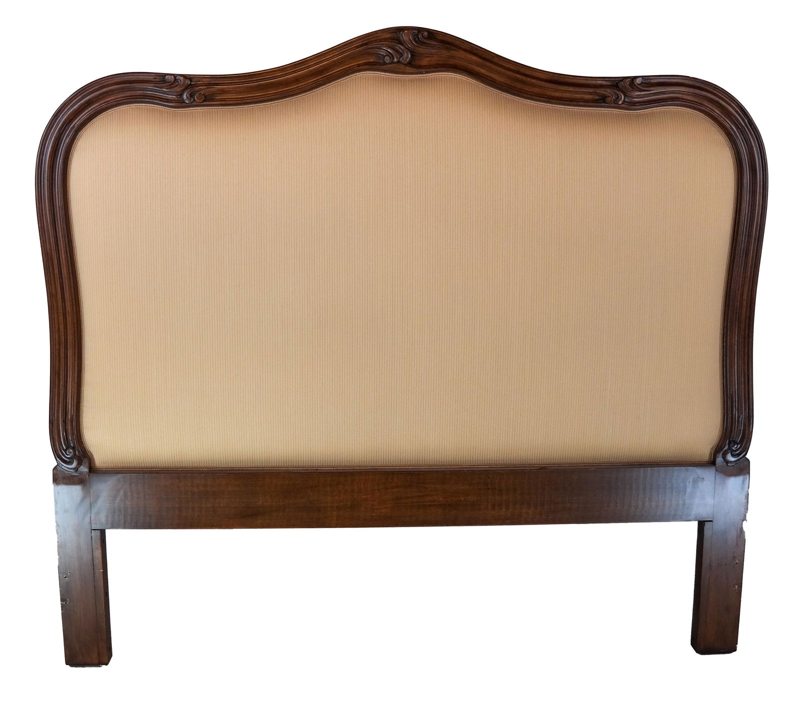 Carved Walnut and Upholstered Headboard: Carved walnut and upholstered bed headboard. [54 1/2 x 59 1/2 inches; 13 inches to apron].