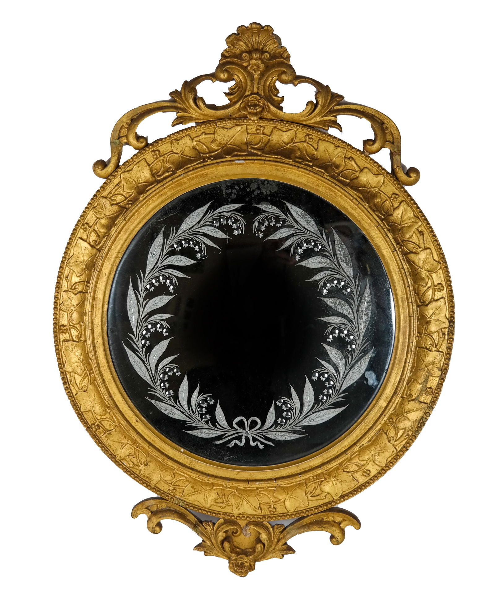 Round Etched Mirror, in Carved Gilt Wood Frame (1 of 2)