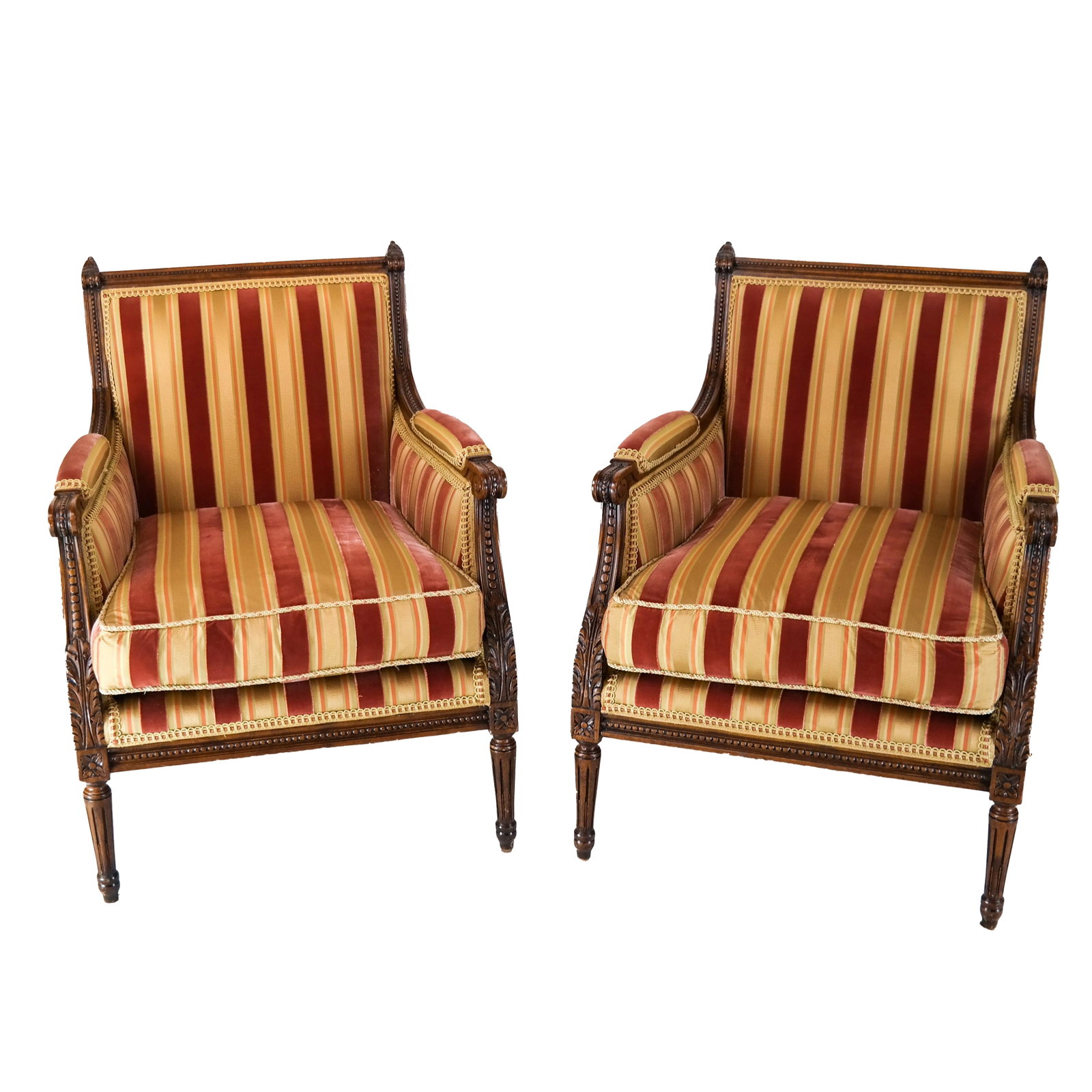 Pair French-Style Bergeres: Pair of Louis XVI-style striped upholstered bergeres. [36 x 26 x 29 inches; 18 inches to seat].