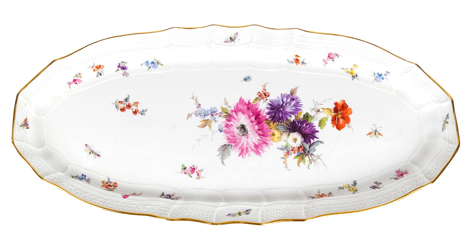 Large Meissen Oval Serving Platter: Large Meissen oval serving platter with floral and butterfly designs. [23 1/2 x 11 1/4 inches]. One small chip to rim.
