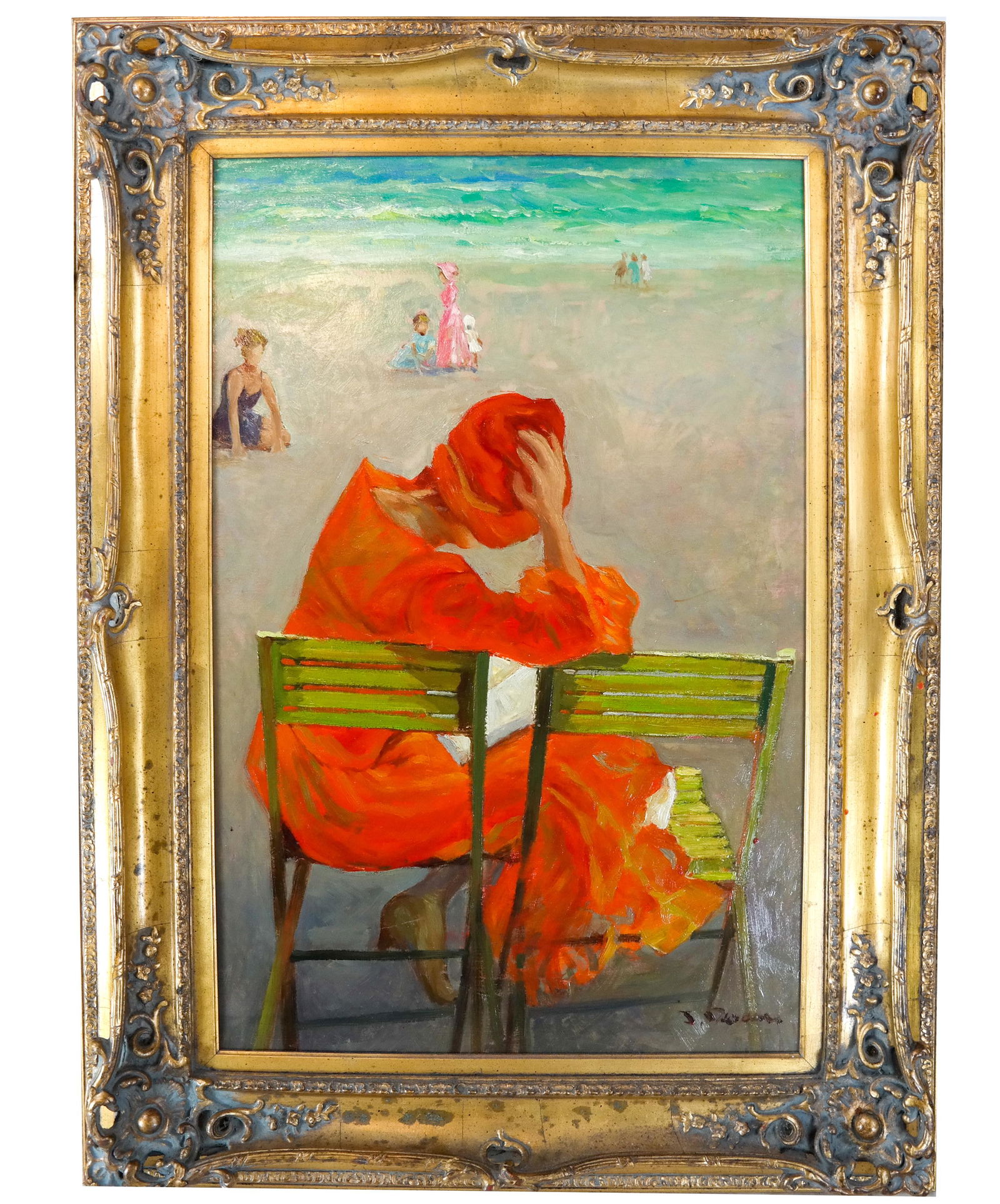 J. DEVEAU [?]: Figures on a Beach - Oil on Canvas (1 of 4)