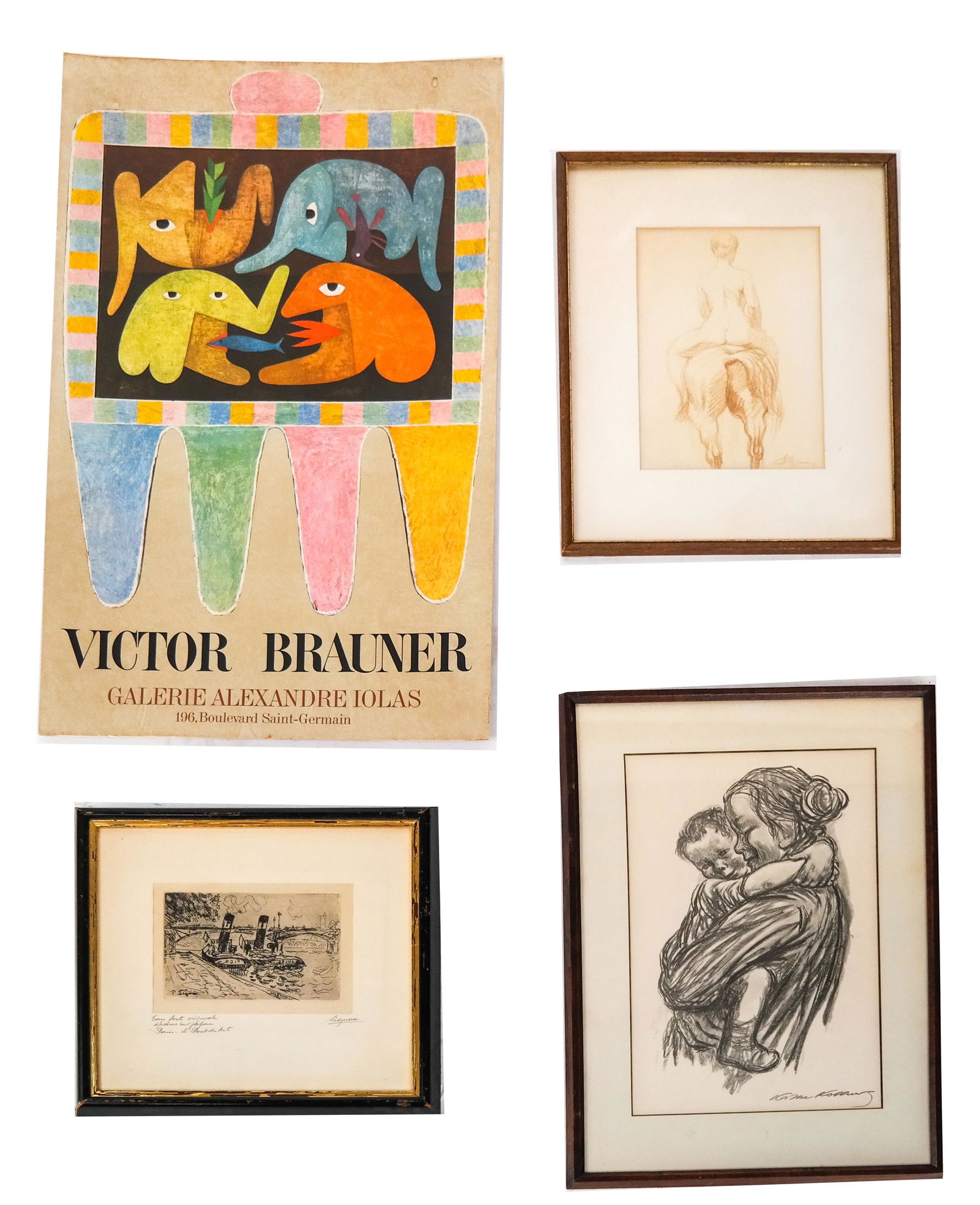 Lot of Four Artworks: Lot includes: 1) Poster on cardboard by Victor Brauner, 2) Etching by P. Signore, 3) Offset print by Kathe Kollowitz, 4) Sanguine drawing of horse and nude rider. [Largest: 32 1/2 x 19 1/2 inches].