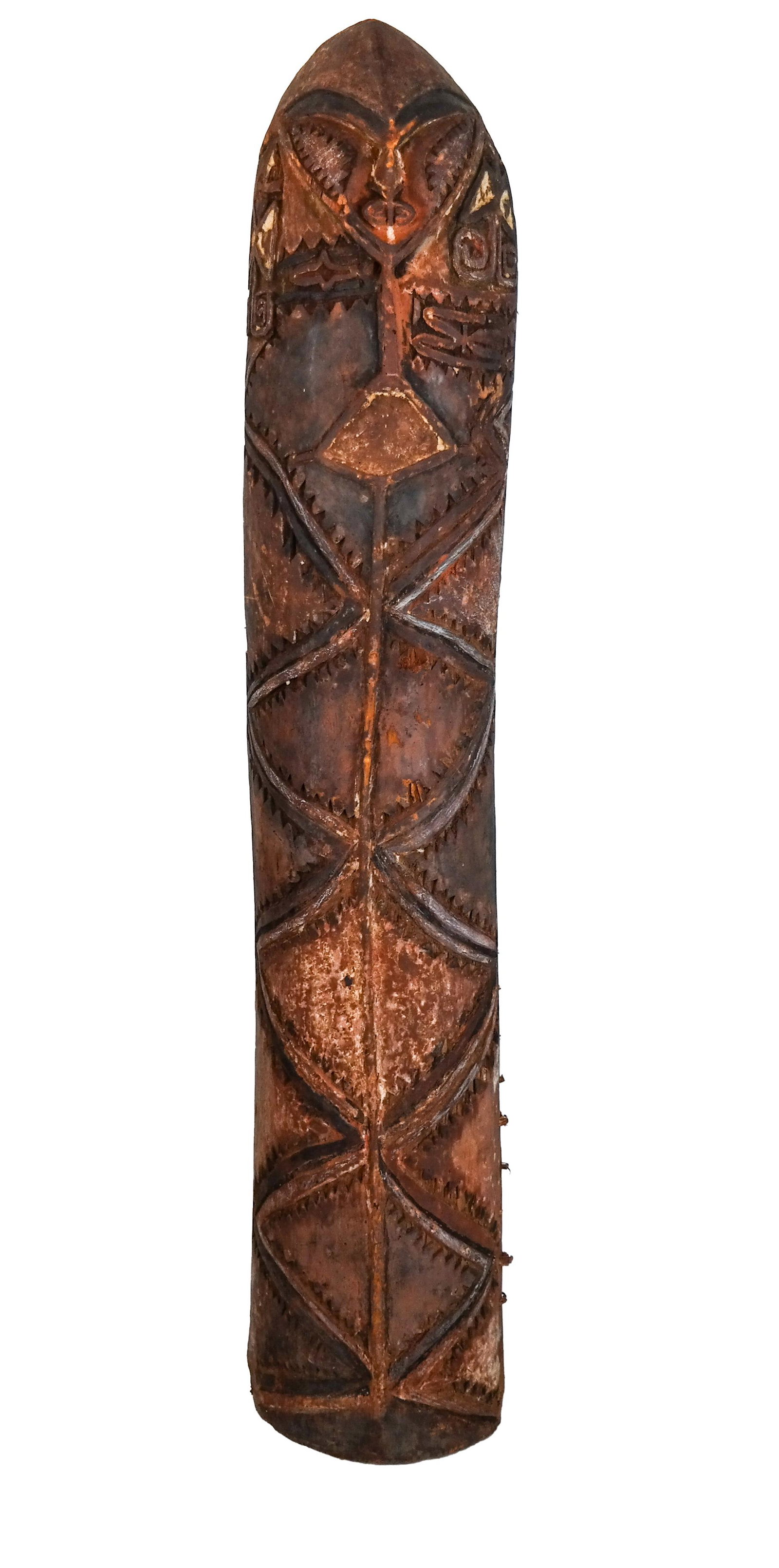 Tribal Carved Wood Body Shield (Totem): Antique tribal carved wood body shield (totem). [66 1/2 x 11 1/2 x 6 inches]. Wear appropriate to use and age.