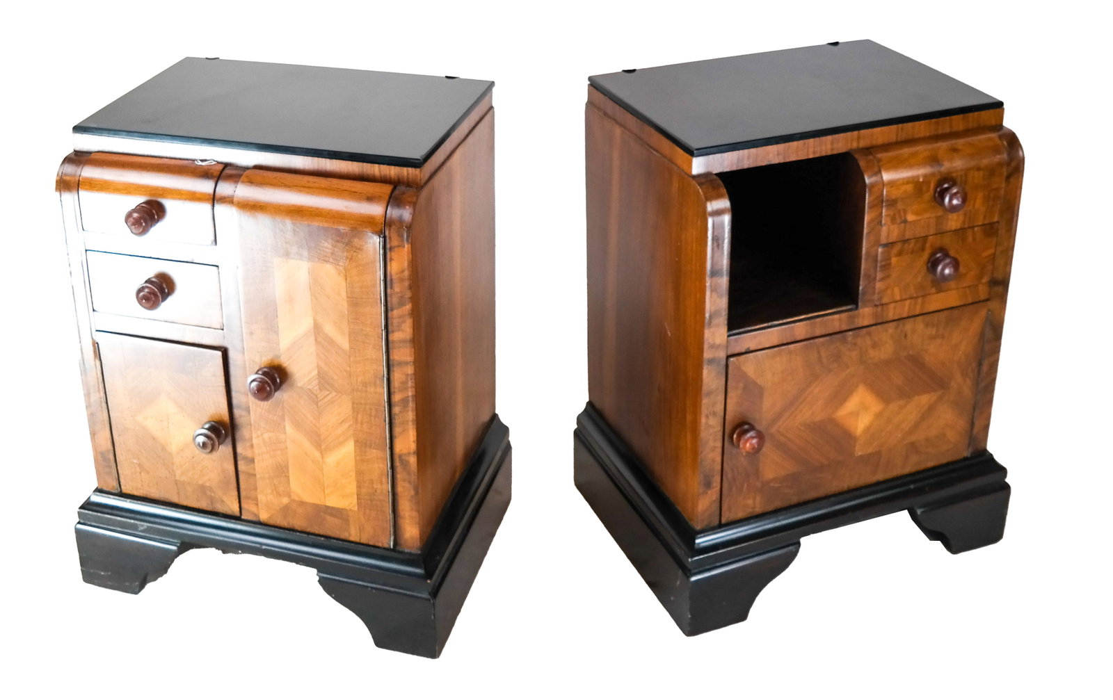 Pair Ebonized Wood & Walnut Bedside Stands: Modern bedside stands with smoked glass tops. [24 x 14 x 17 1/2 inches]. In good condition.