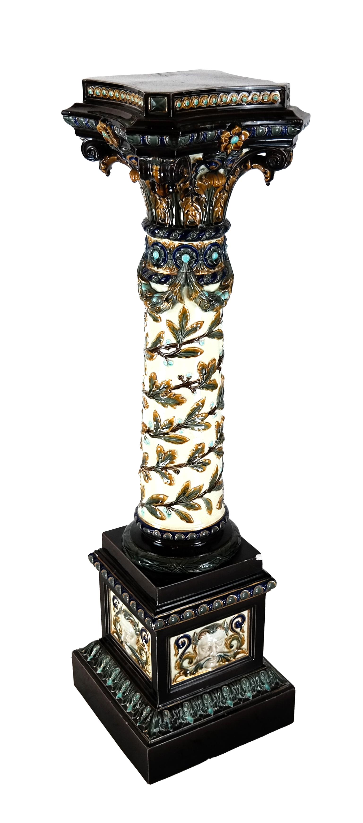 Majolica Pedestal: Majolica pedestal. Provenance: From the Estate of Bernard Castro, of the Iconic Castro Convertible Company. [47 x 13 x 13 (base) inches]. In good condition.