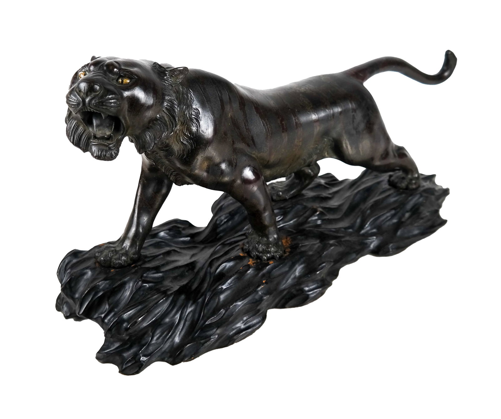 Japanese Bronze Tiger on Wood Base: Signed underneath, Meiji period, original patina. [12 x 23 x 7 inches].