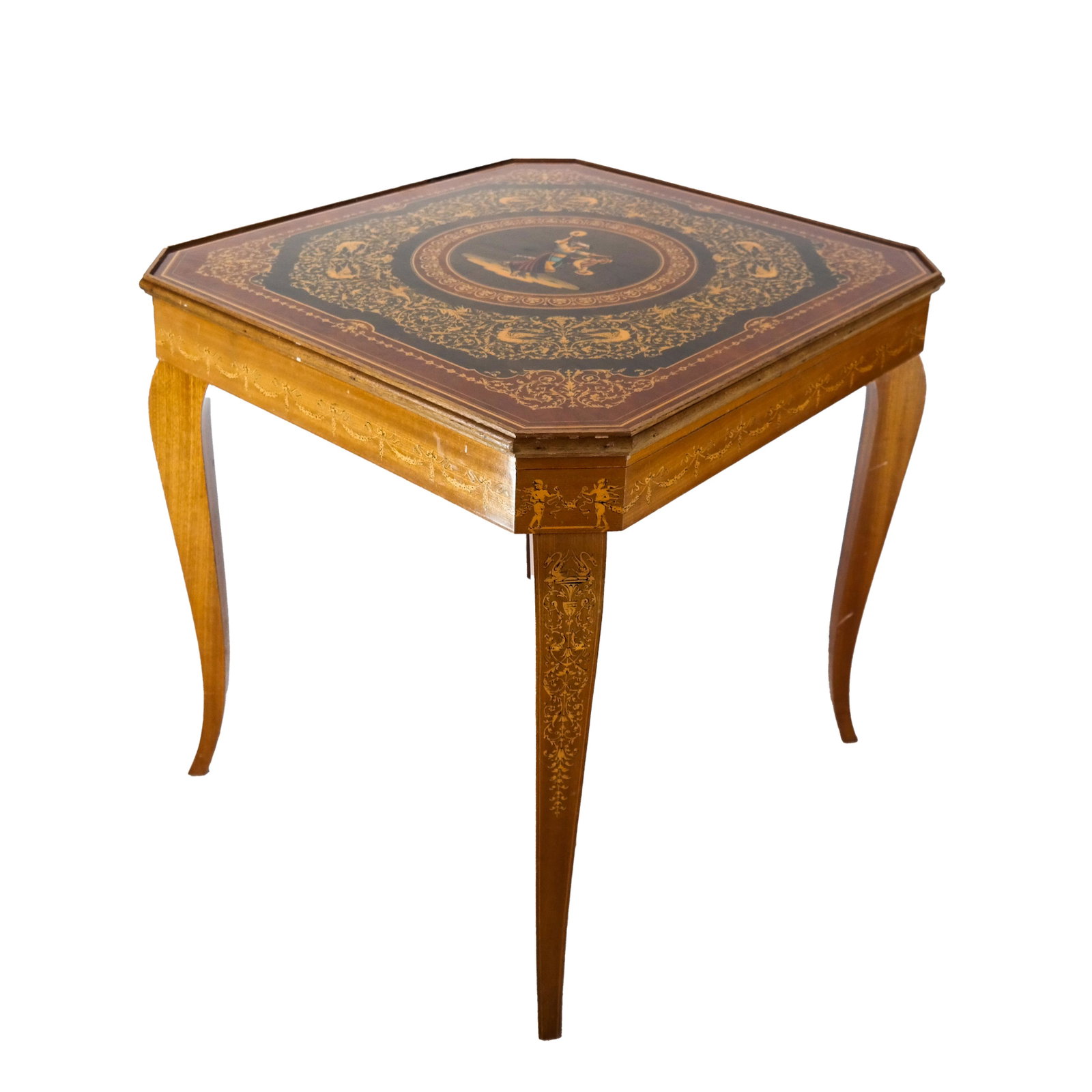 Games Table, Inlaid Decoration: Games table with inlaid decoration. Provenance: From the Estate of Bernard Castro, of the Iconic Castro Convertible Company. [28 3/4 x 30 x 30 inches].