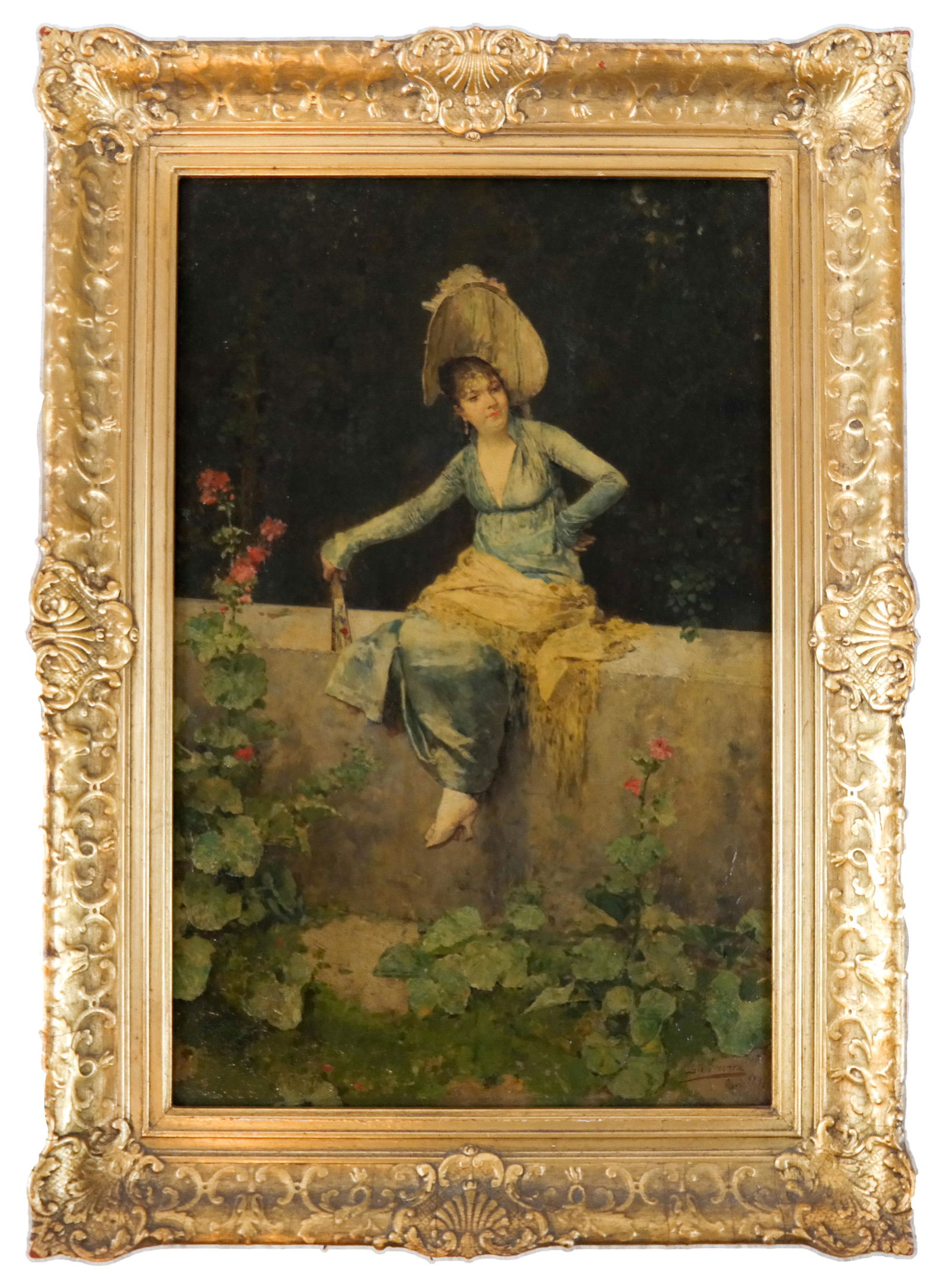 Luis JIMENEZ: Woman w/ Parasol - Oil on Panel: Luis Jimenez Y Aranda Spanish . High-style oil on panel painting of a woman with parasol sitting on a wall, signed and dated "Luis Jimenez 1877". [Panel: 16 1/2 x 10 3/4 inches; Frame: 20 1/2 x 14 1/2