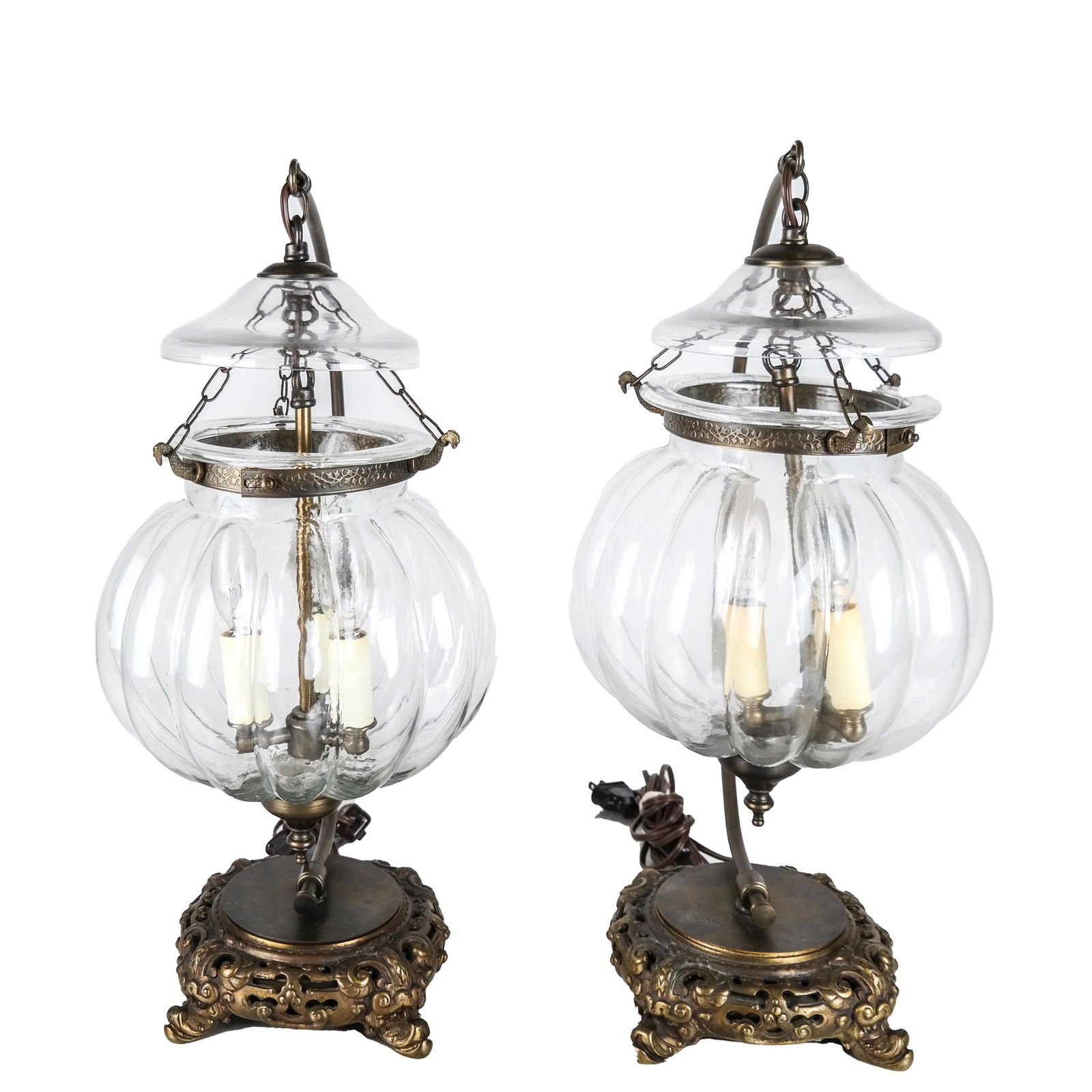 Pair Glass & Brass 3-Light Table Lamps (1 of 5)